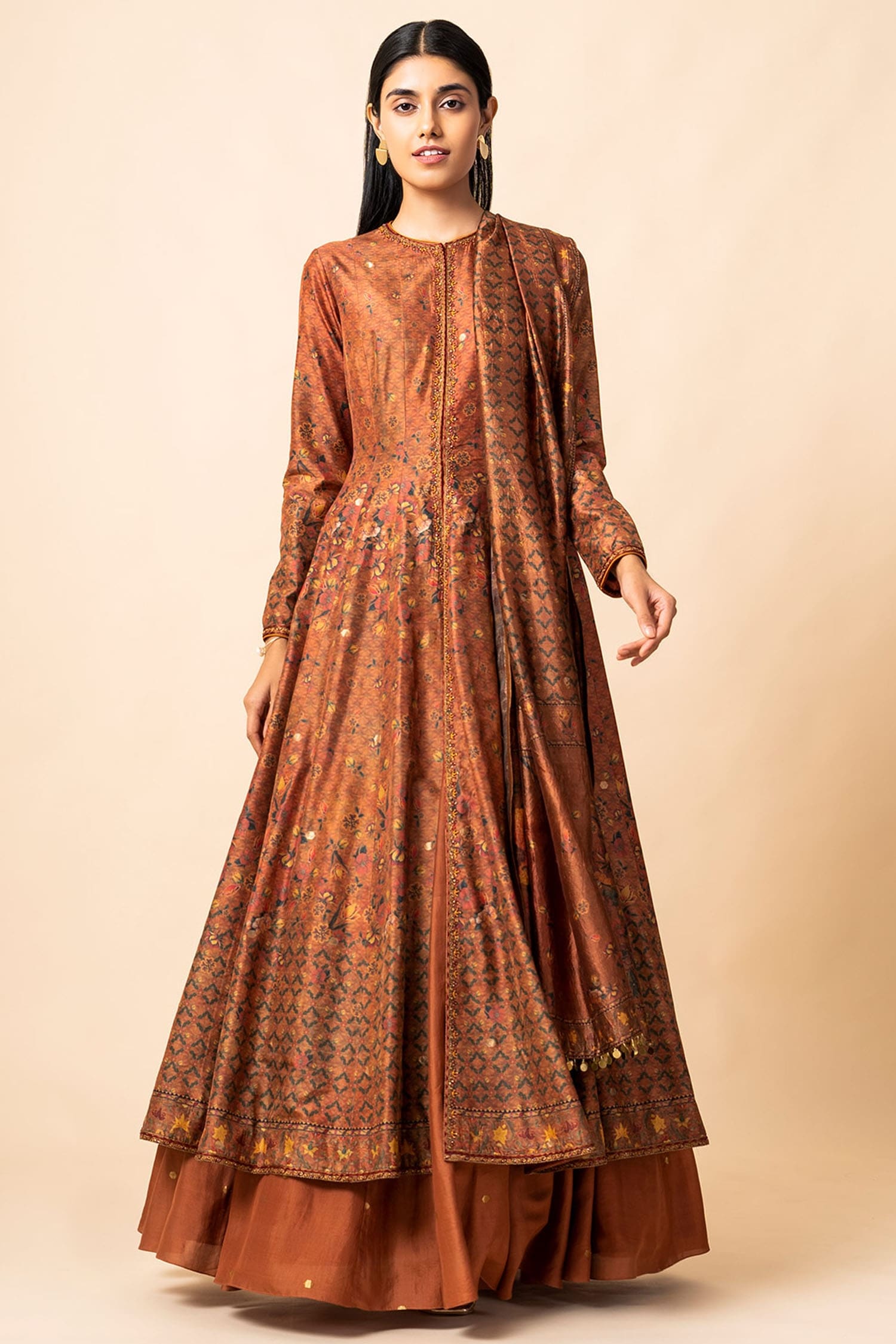 Buy Ekaya Orange Handwoven Banarasi Silk Anarkali Lehenga Set Online 