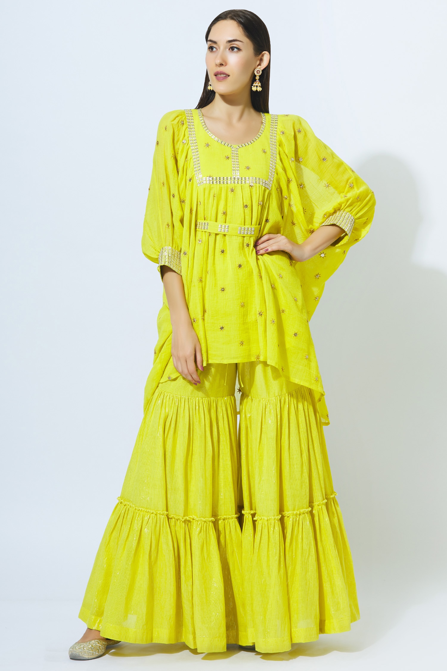 Buy Kisneel by Pam Yellow Cotton Embroidered Kurta Sharara Set Online ...