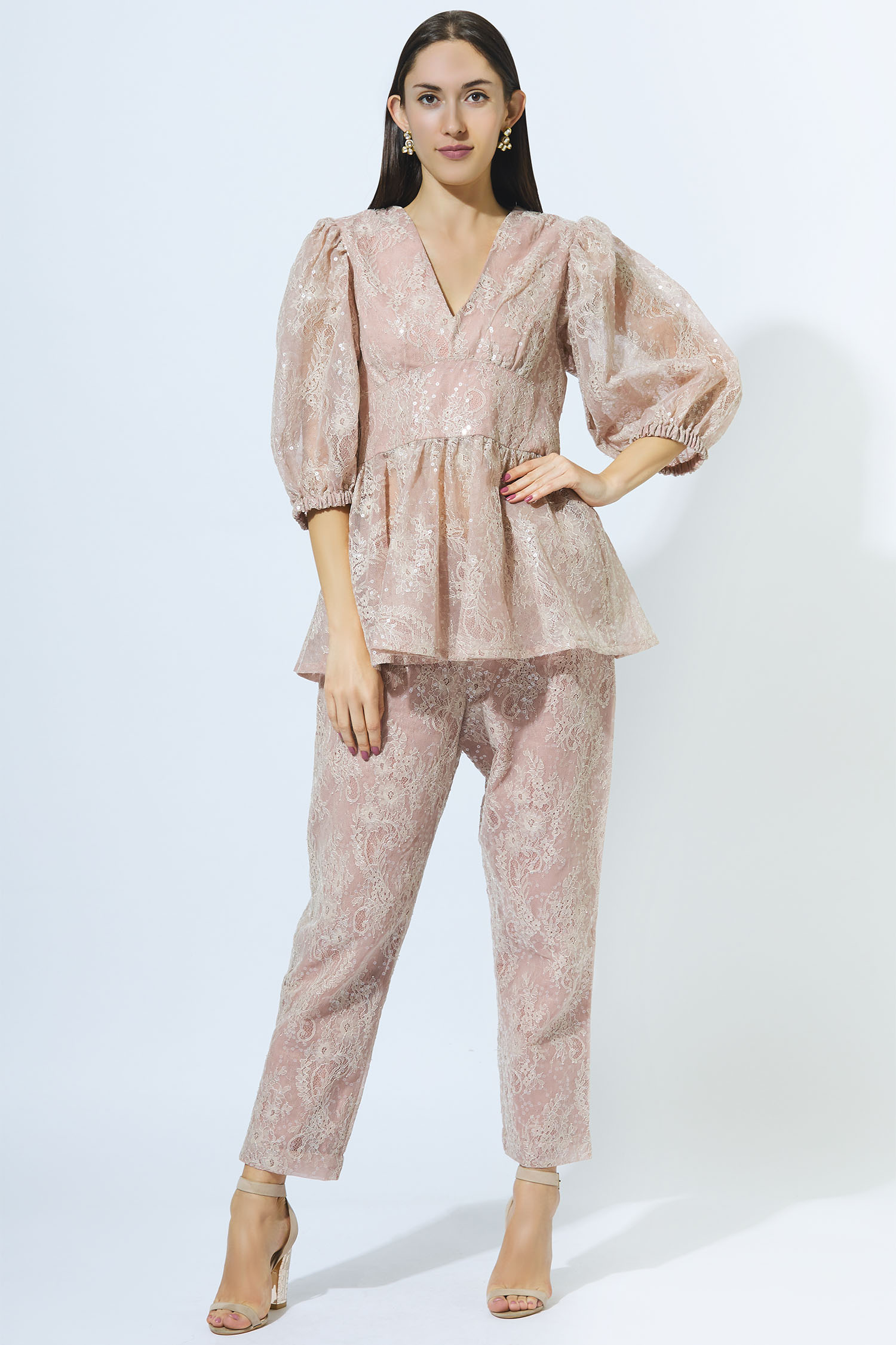 Kisneel by Pam Pink Lace Peplum Top Pant Set