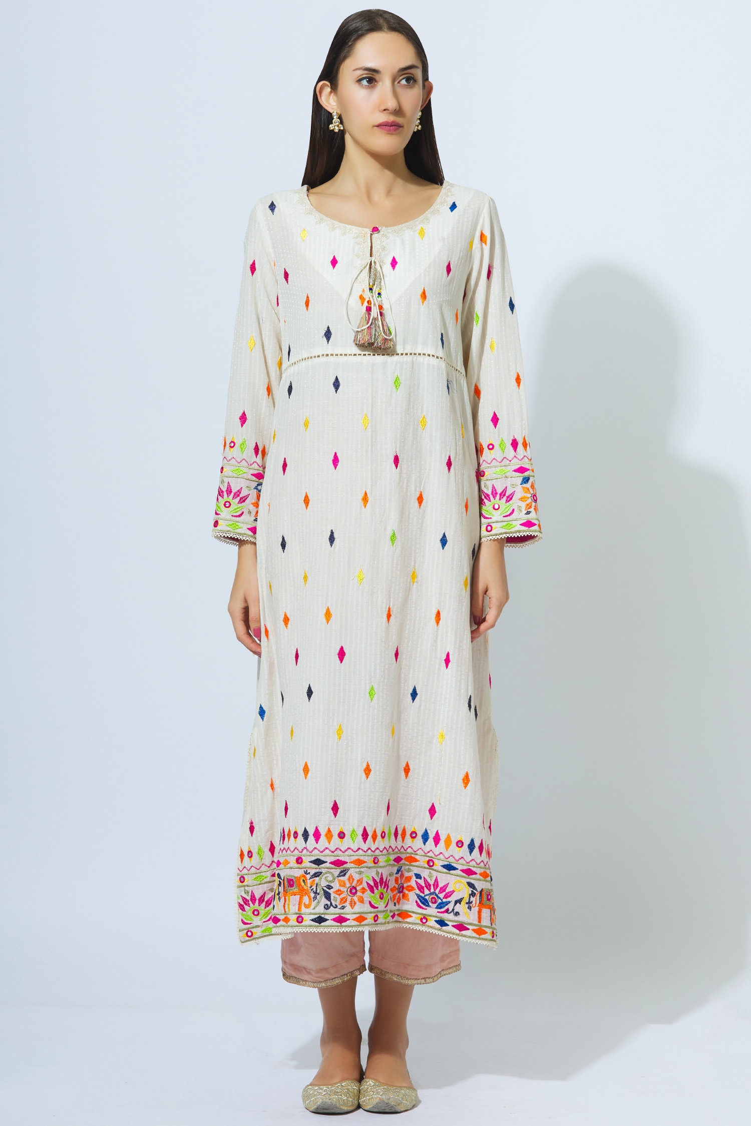 Buy Kisneel by Pam Off White Cotton Embroidered Long Kurta Online | Aza ...