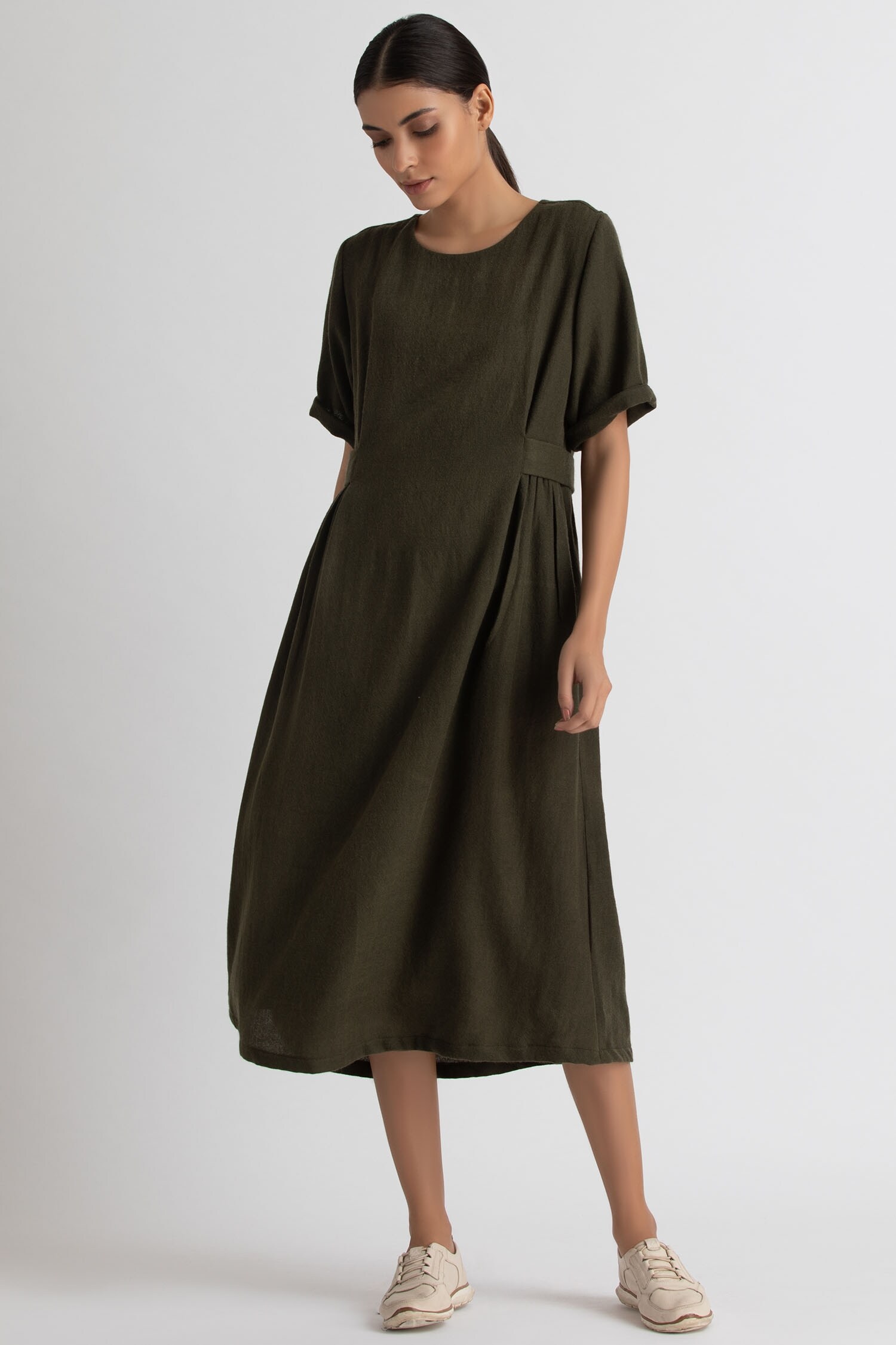 Buy Three Green Merino Wool Pleated Dress Online | Aza Fashions