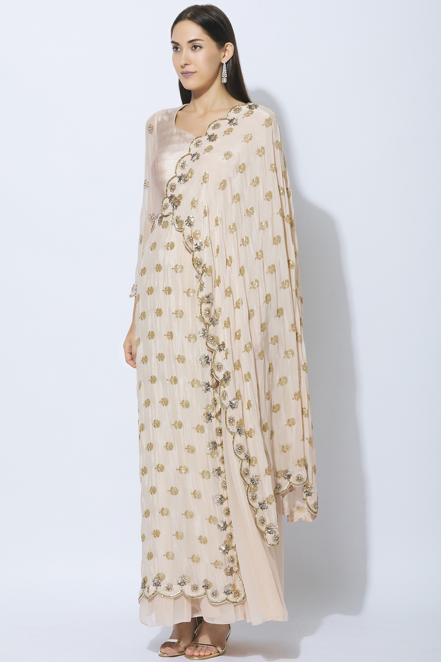 Buy Nidhika Shekhar Peach Silk Pre-draped Embellished Anarkali Online ...