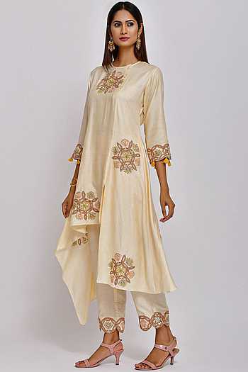 LEMON EMBROIDERED ASYMMETRICAL KURTA
