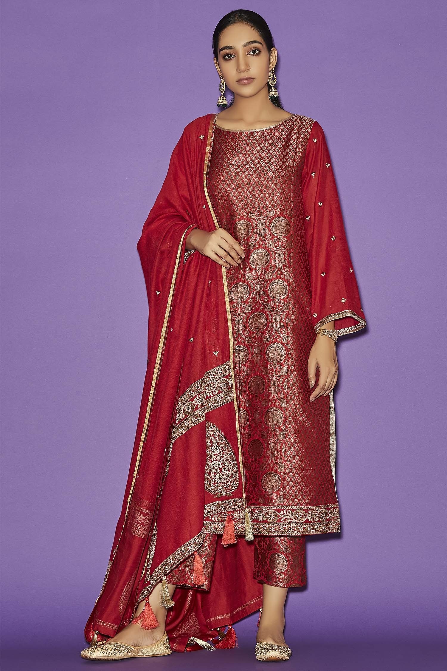 Buy Red Brocade Wide Neck Kurta Set For Women by Sue Mue Online at Aza ...
