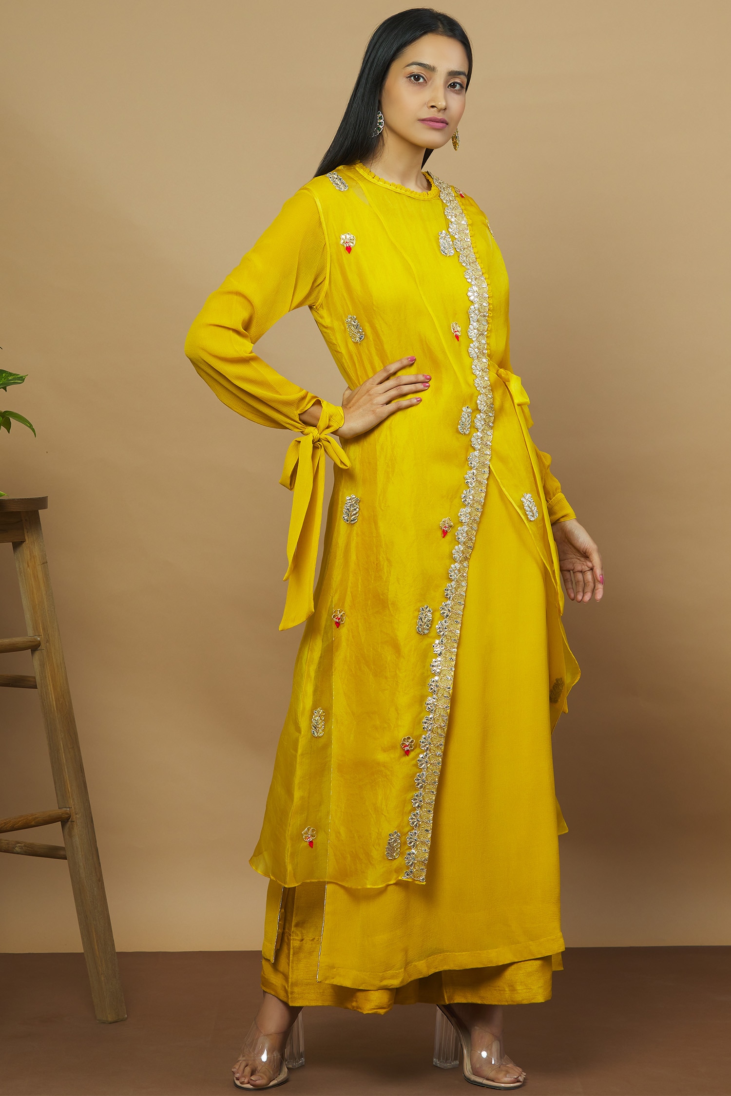 Buy Aksh Yellow Organza Embroidered Jacket Palazzo Set Online | Aza 