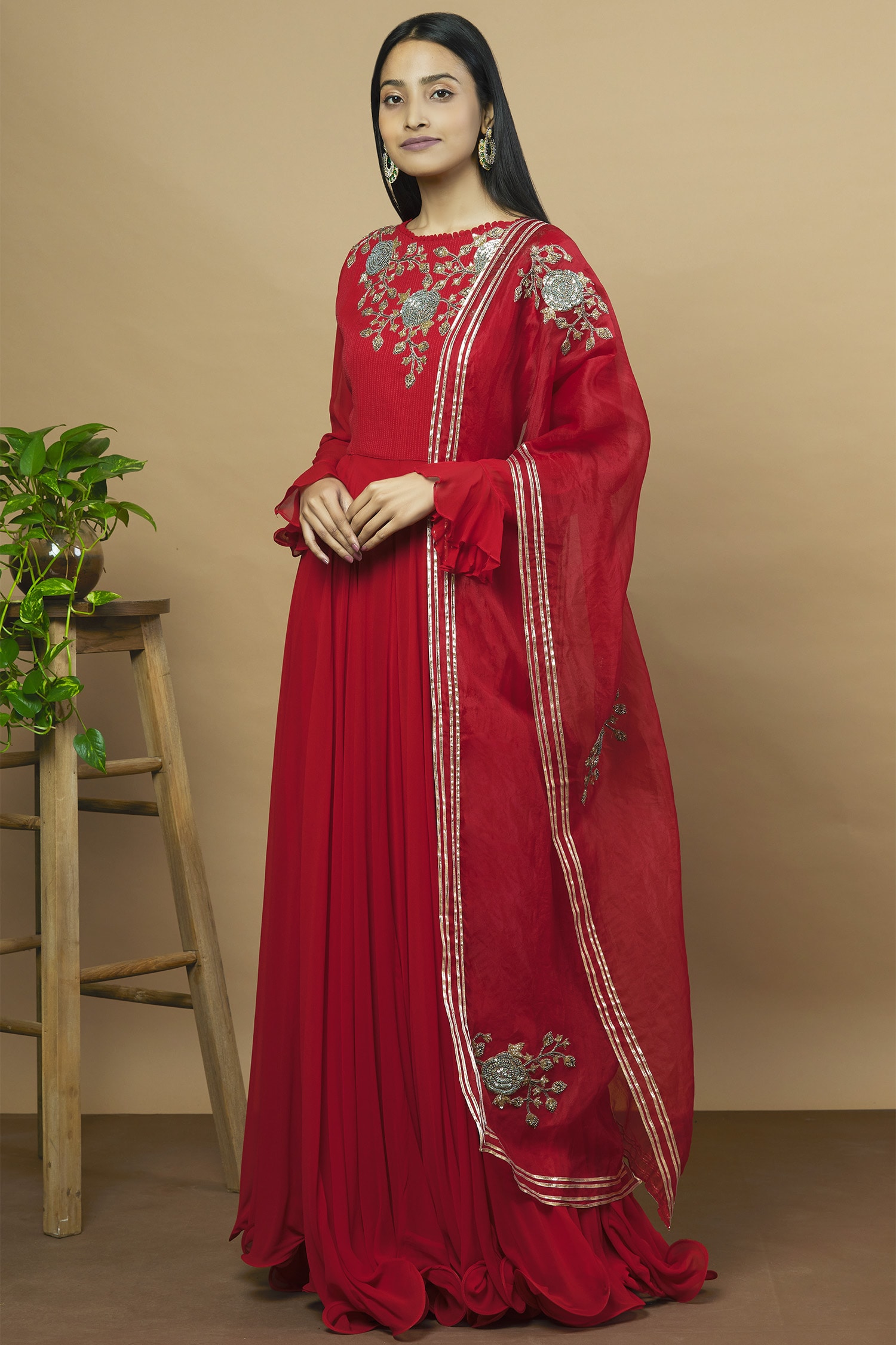 Buy Red Georgette Round Embroidered Anarkali With Dupatta For Women by ...