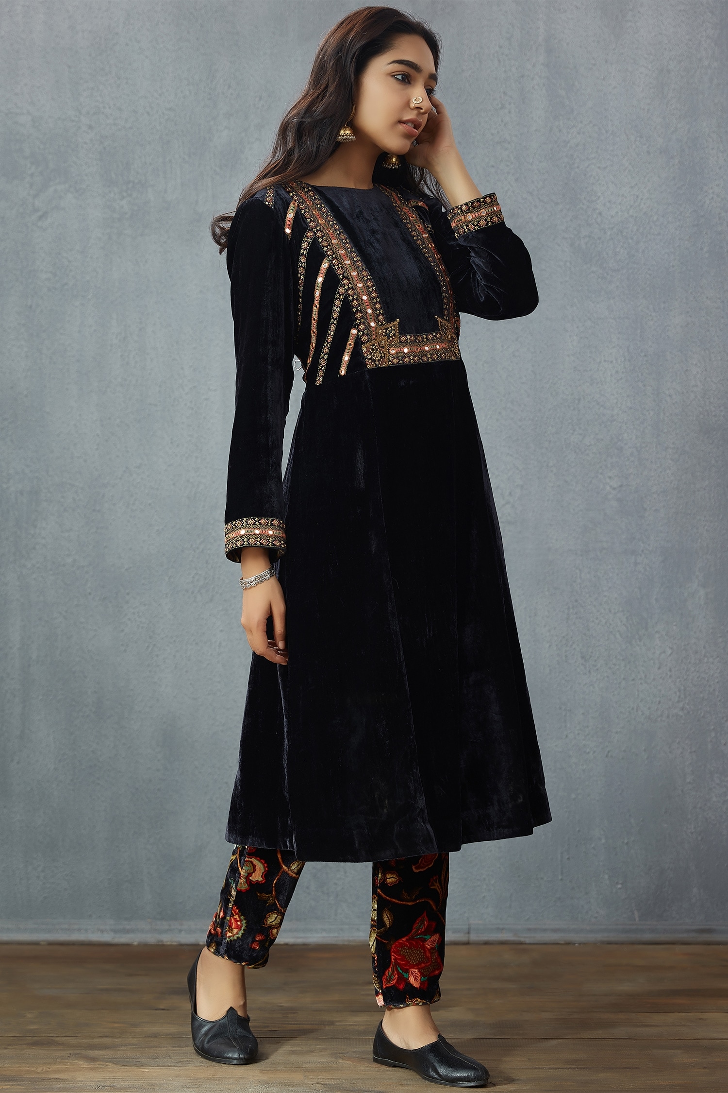 Buy Torani Blue Silk Velvet Embroidered Kurta Set Online | Aza Fashions