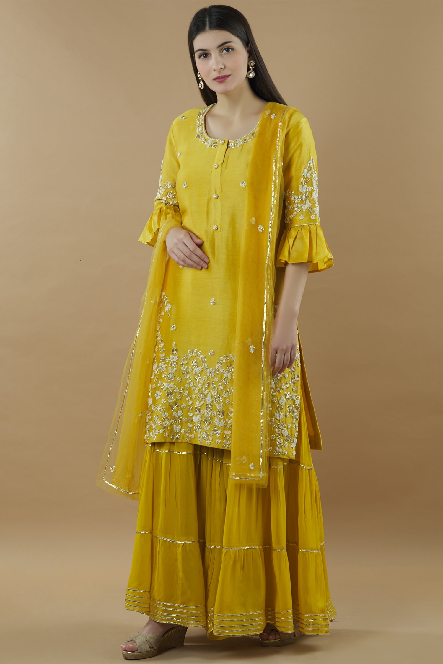 Buy Yellow Kurta: Chanderi Silk;sharara: Faux Silk Set For Women by ...