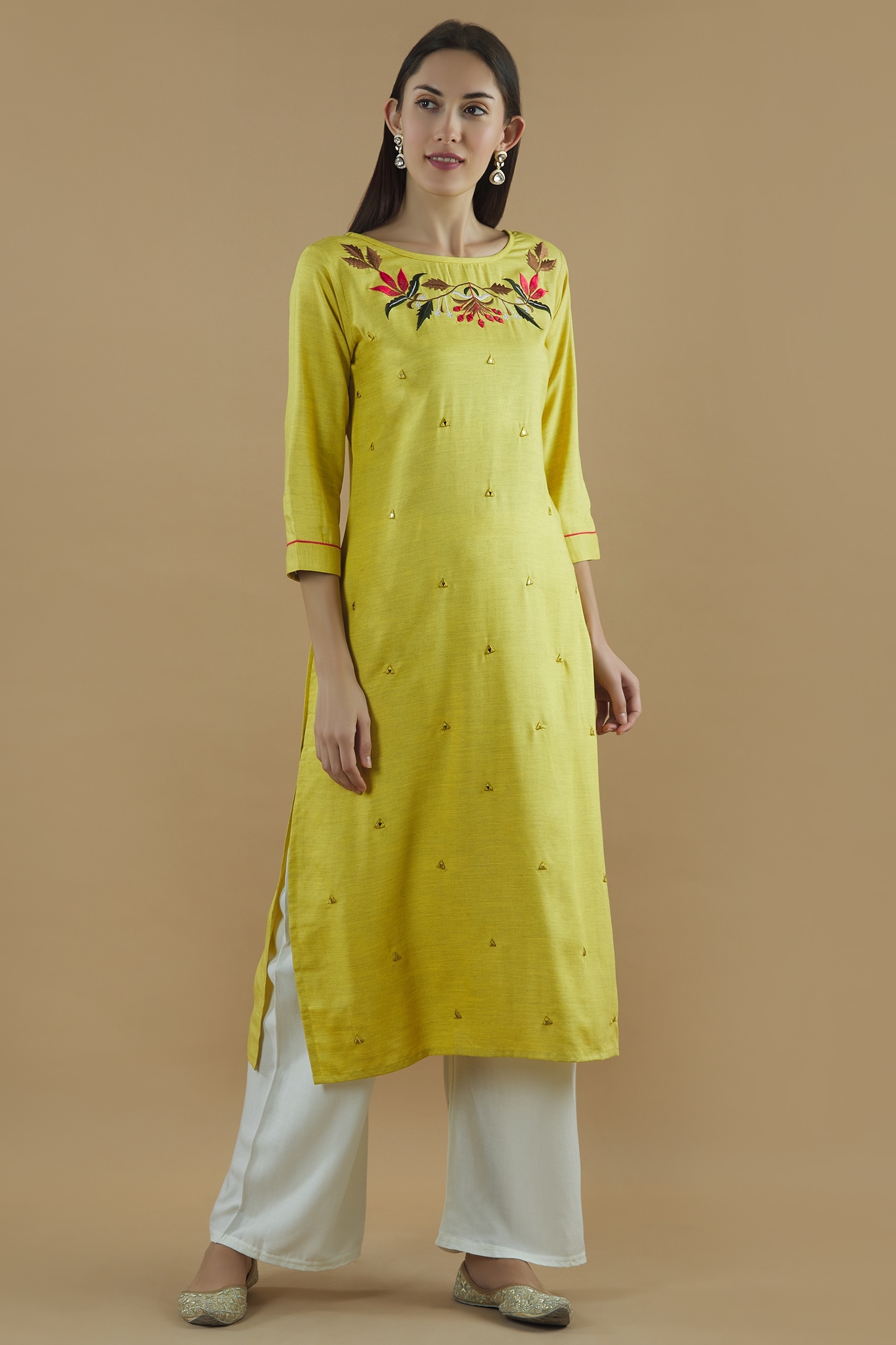 Buy Nazaakat by Samara Singh Yellow Rayon Embroidered Kurta Palazzo Set ...