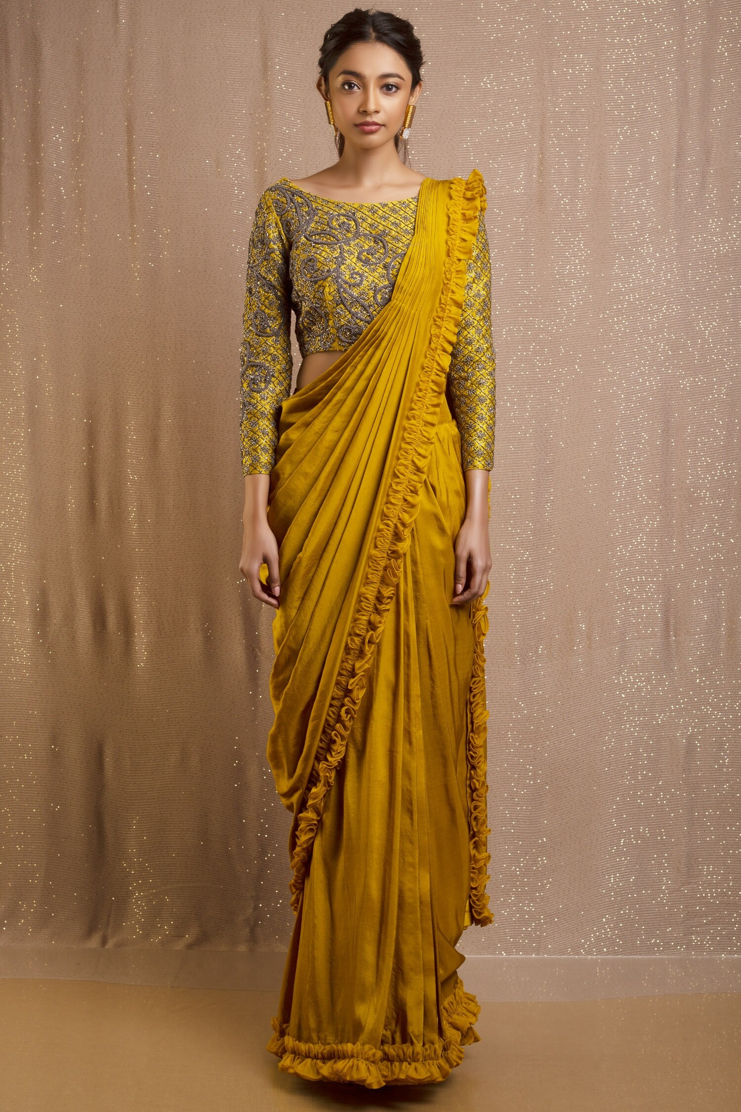 Buy Yellow Raw Silk Boat Predraped Saree With Blouse For Women by