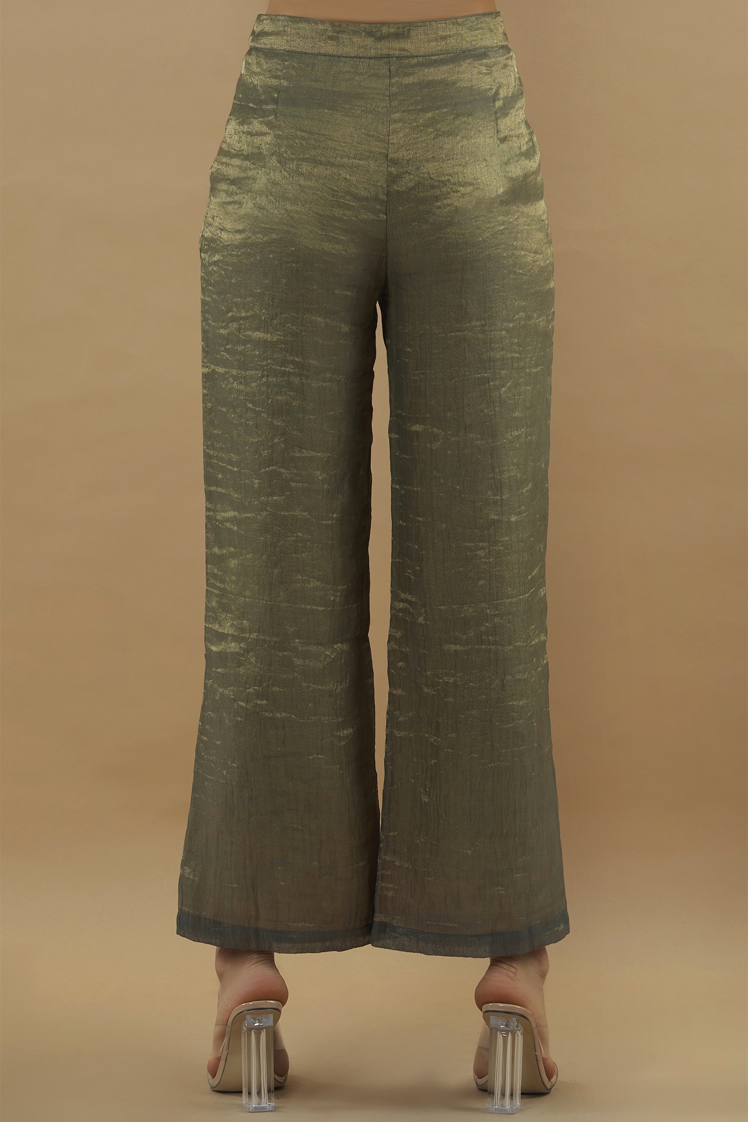 Buy Gold Tissue High Waist Pants For Women by Yavi Online at Aza Fashions.