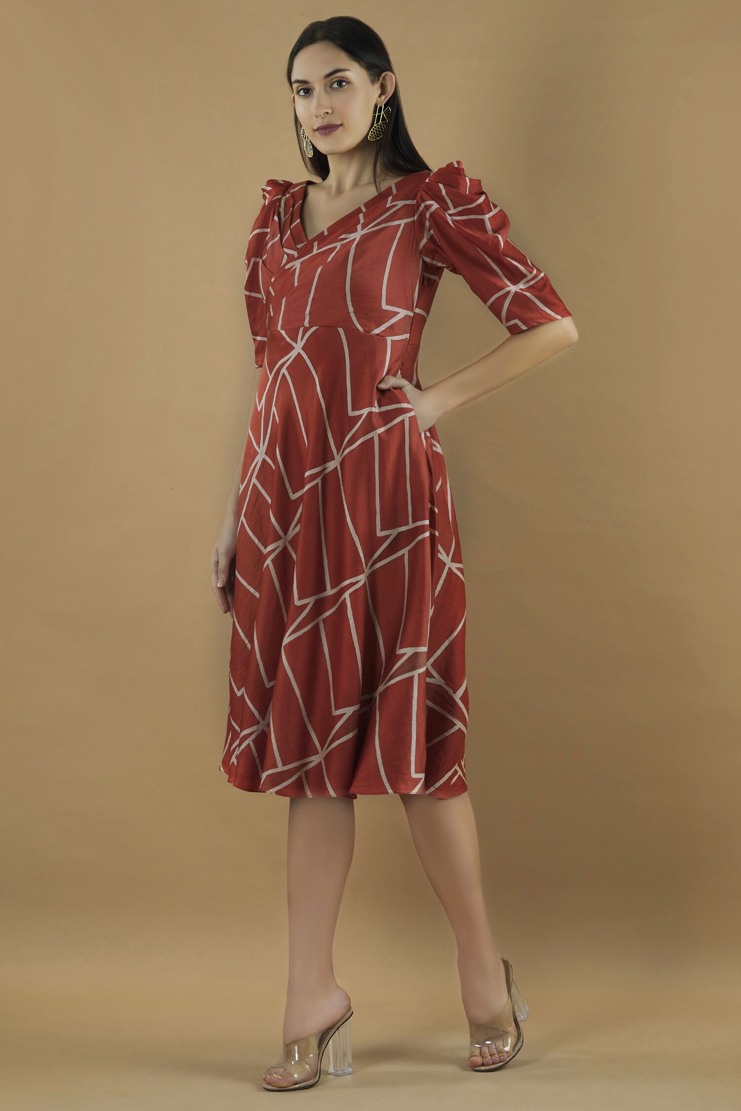 Buy Vedika M Red Satin Printed Midi Dress Online | Aza Fashions