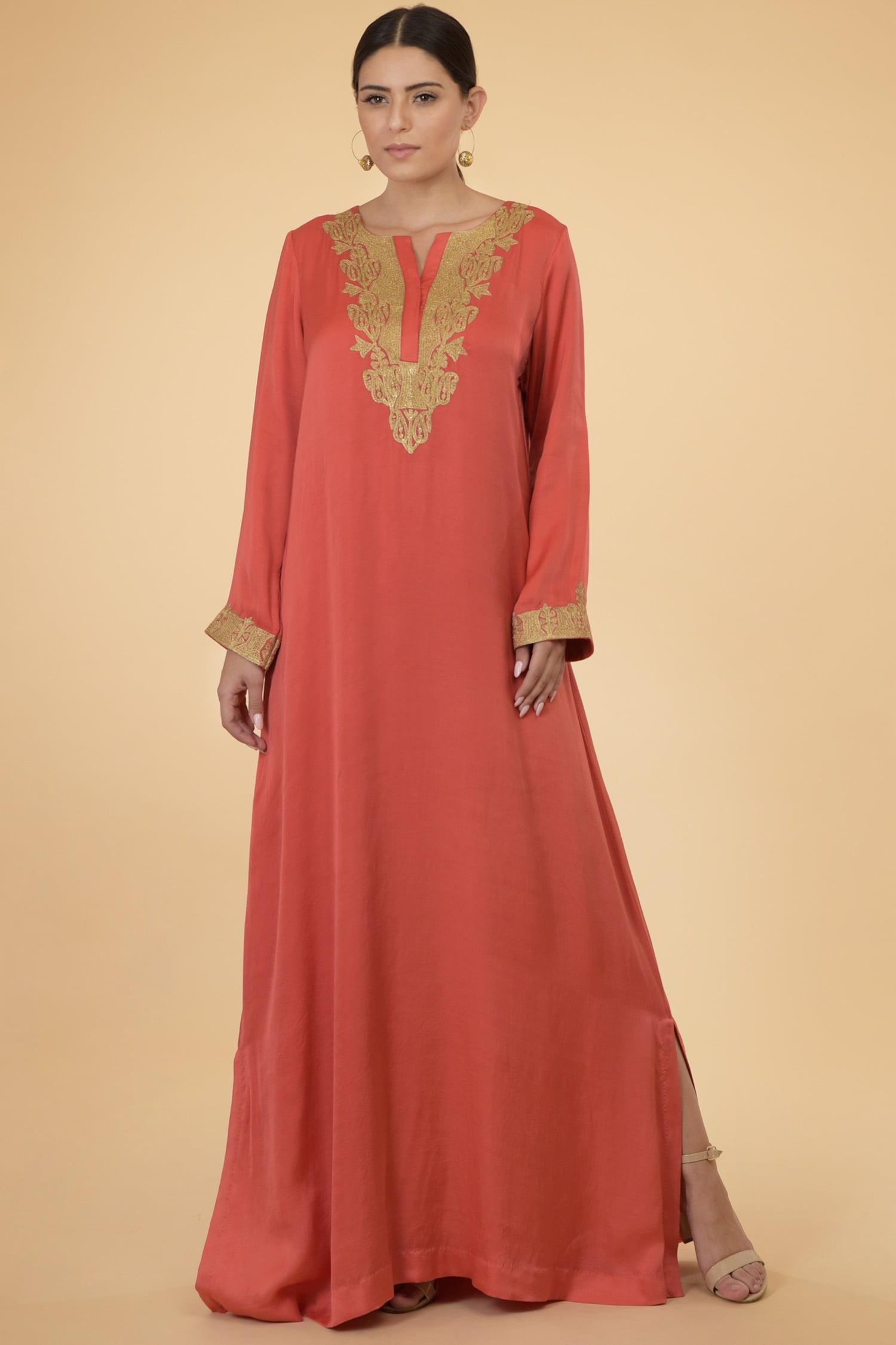 Buy Talking Threads Coral Modal Satin Embroidered Kaftan Online | Aza ...