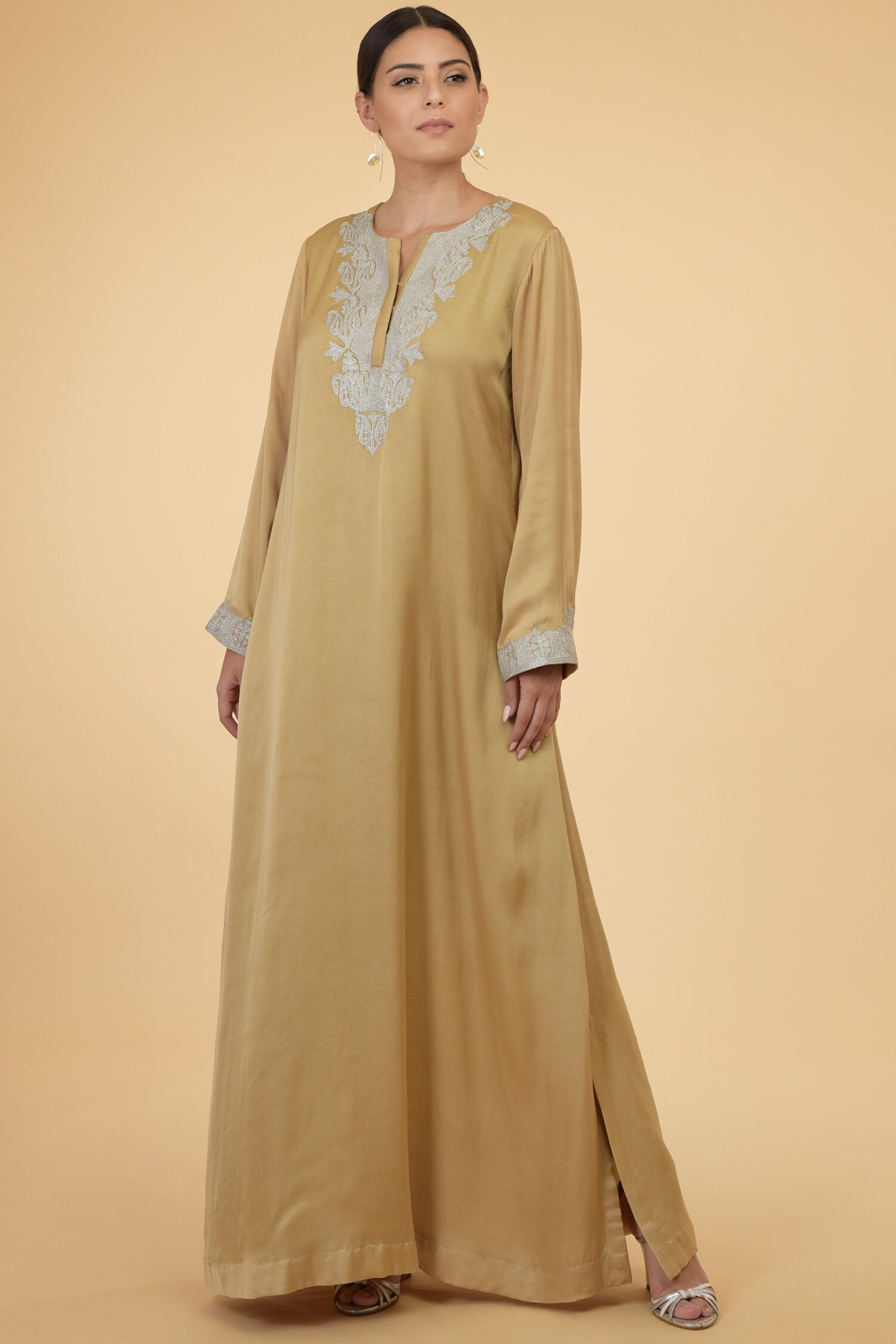 Buy Beige Modal Satin Round Embroidered Kaftan For Women by Talking ...