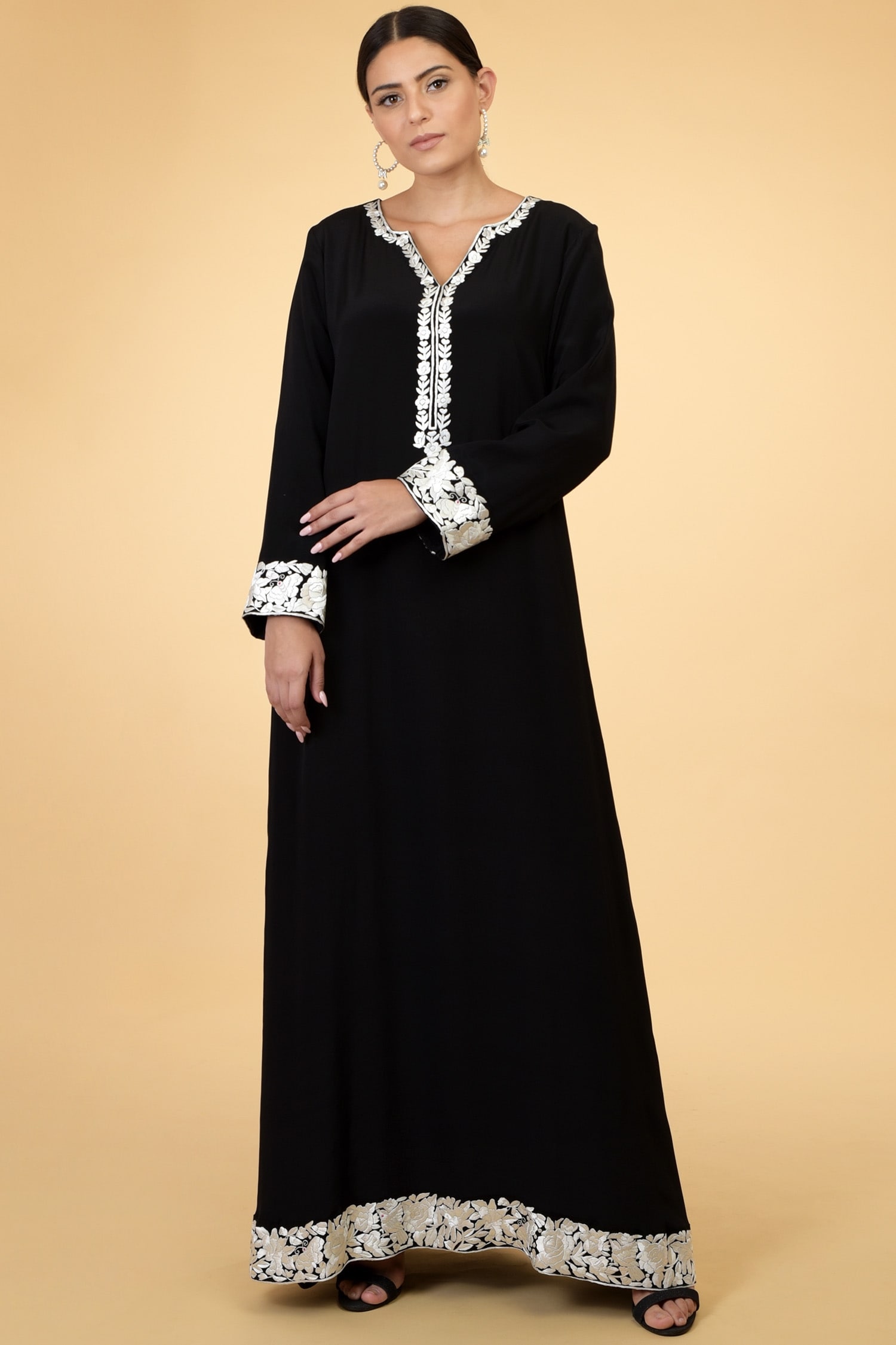 Buy Talking Threads Black Silk Crepe Embroidered Kaftan Online | Aza ...