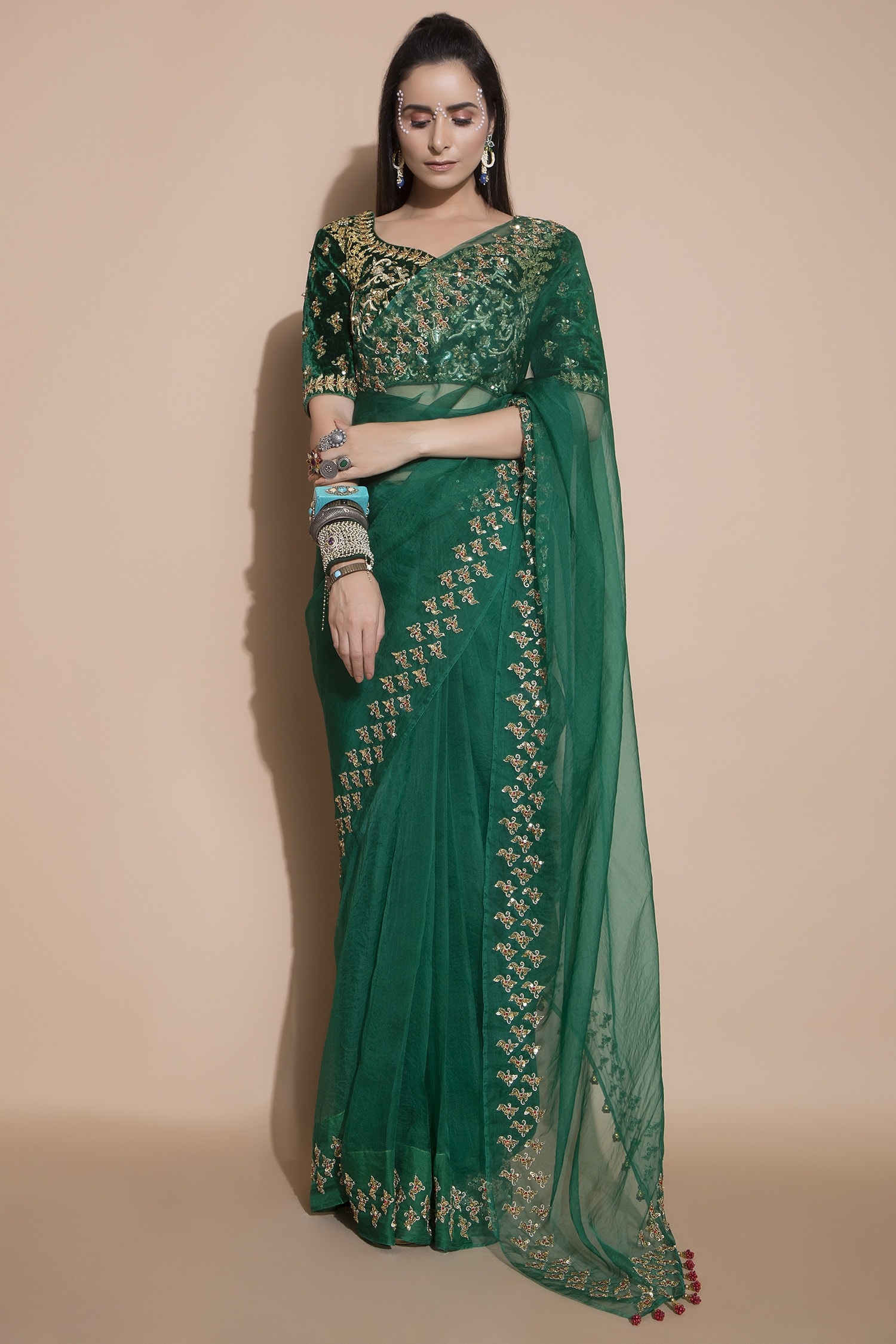 Buy Pallavi Jaipur Green Velvet Embroidered Saree With Blouse Online Aza Fashions