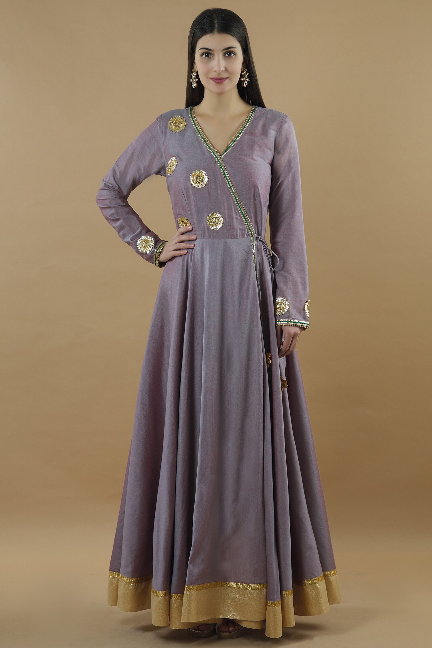 Buy Purple Silk V Neck Angrakha Anarkali For Women by Nazaakat by ...