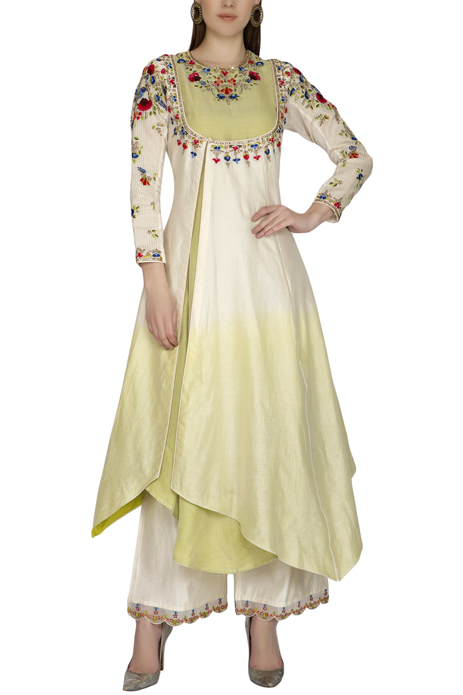 Buy Priyanka Jain White Chanderi Silk Layered Kurta Set Online | Aza ...