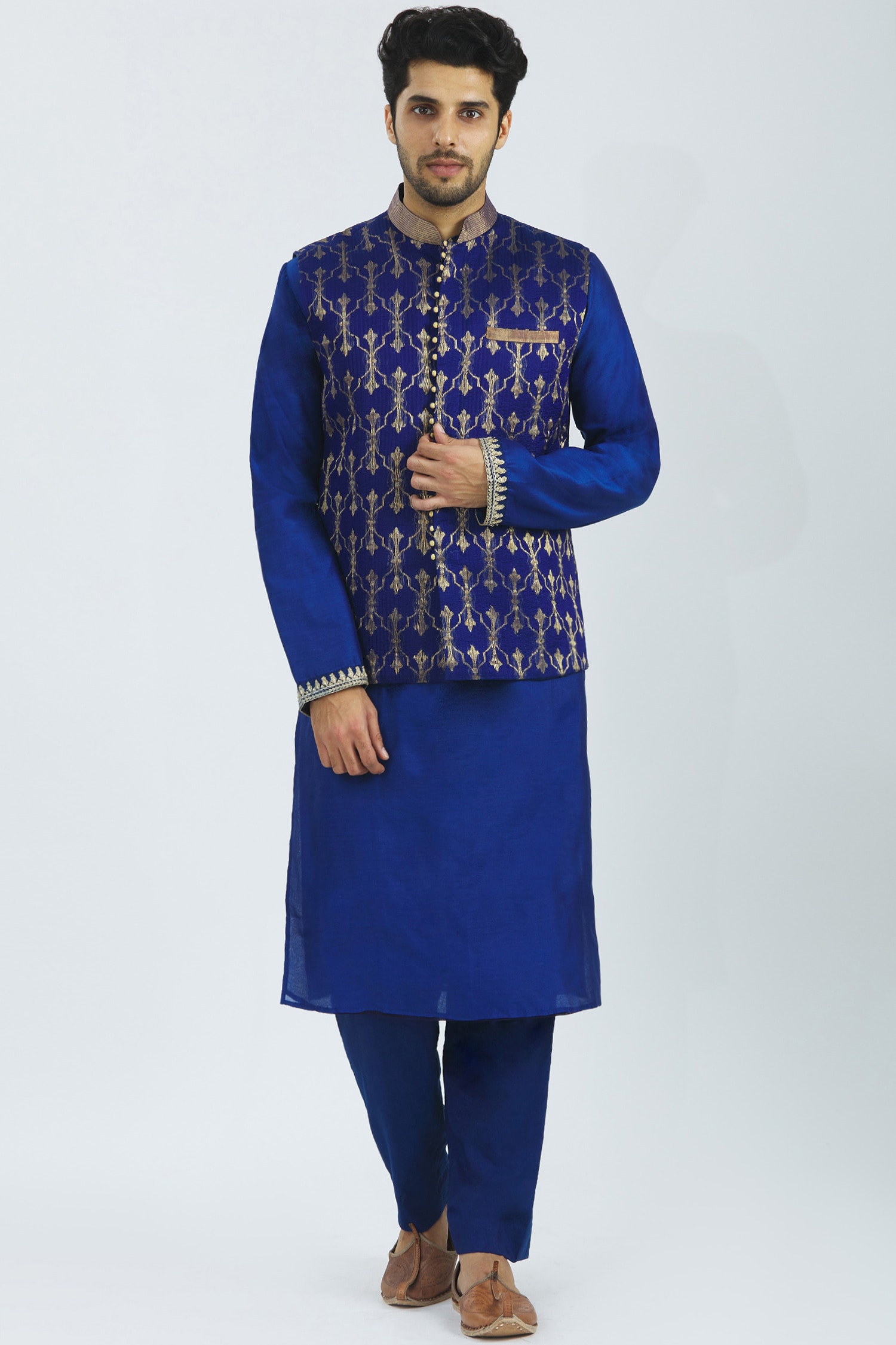 Buy Blue Handloom Chanderi Jacket Kurta Set For Men by Rar Studio ...