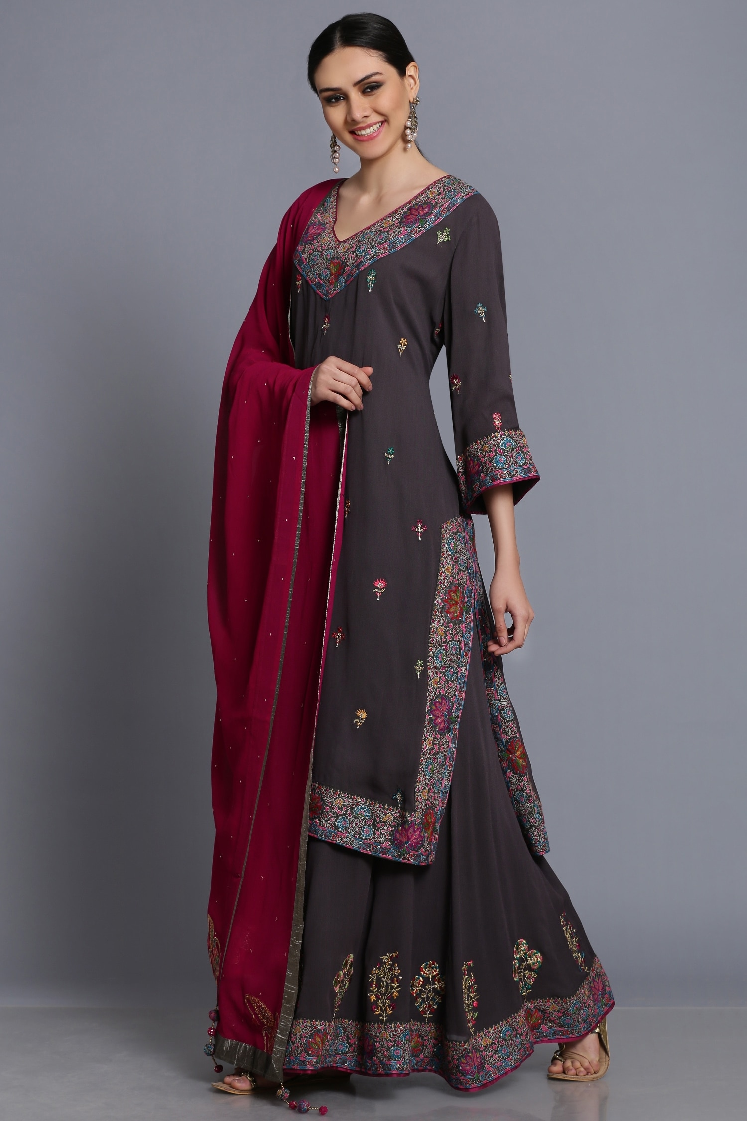 Buy Anju & Harleen Grey Georgette Embroidered Kurta Set Online 