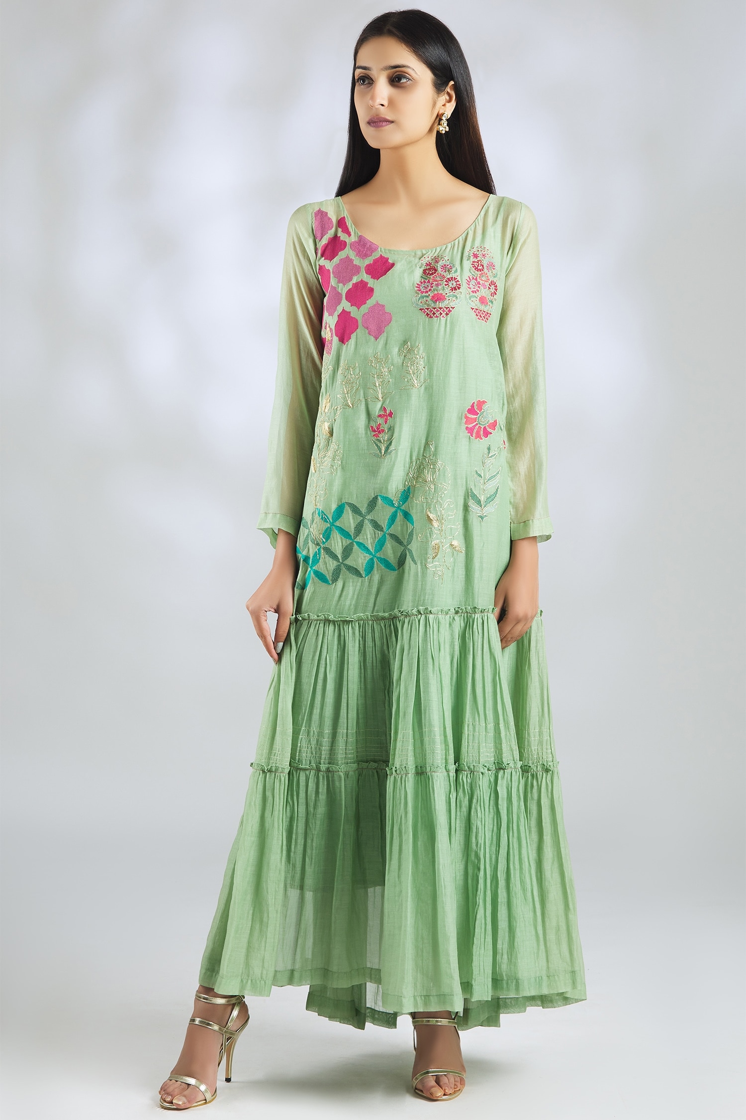 Buy Half Full Curve Green Handloom Chanderi Maxi Dress Online | Aza ...