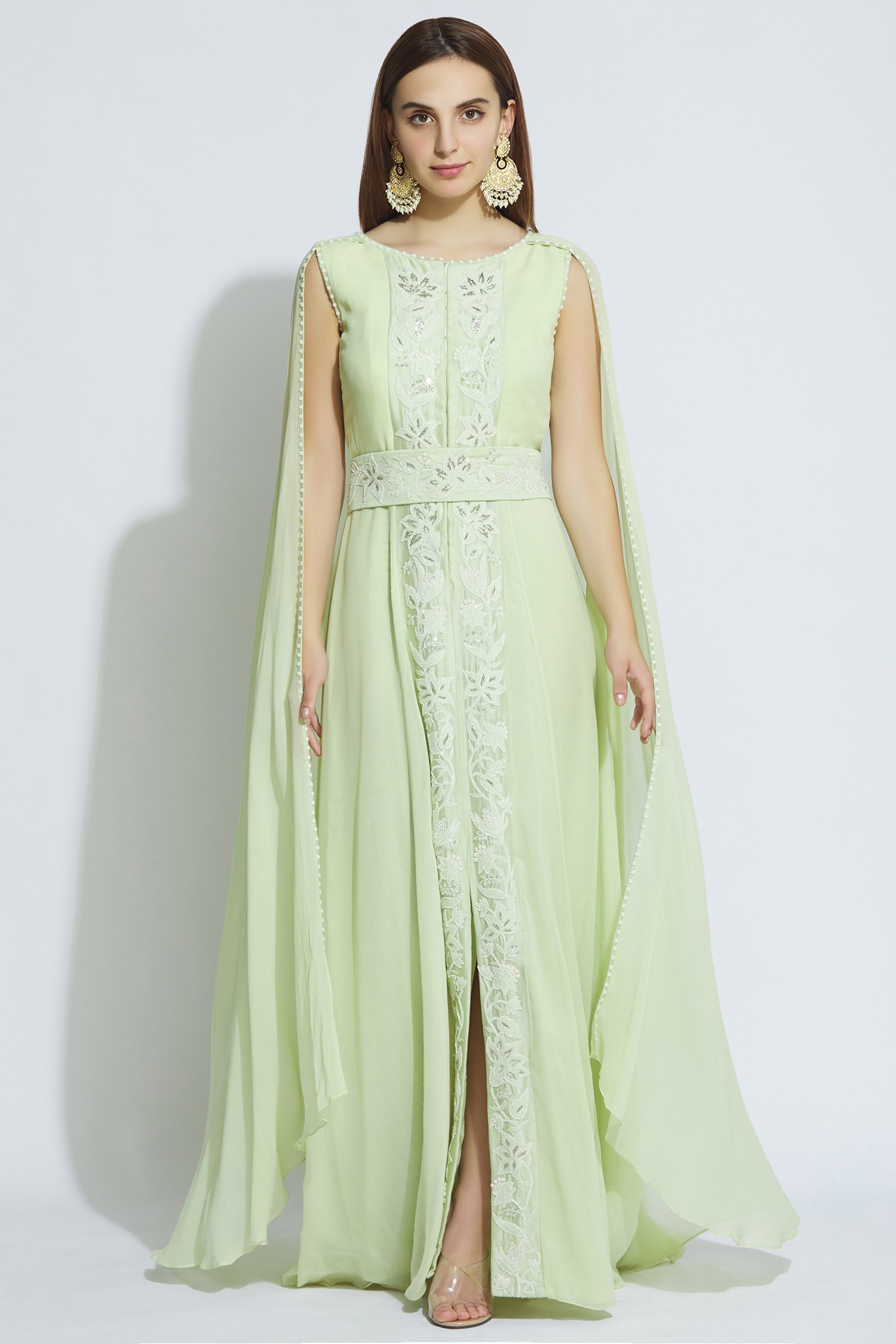 Buy Mishru Green Georgette Embroidered Cape Gown Online | Aza Fashions