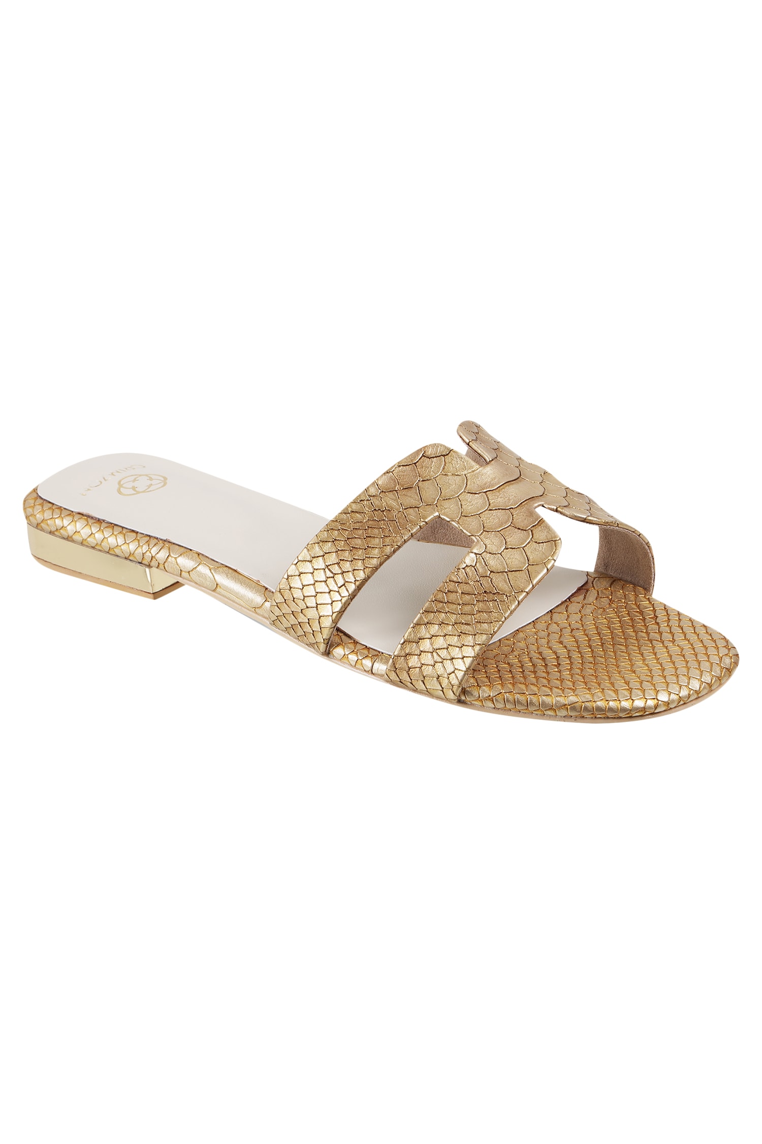 Buy Crimzon Gold Leatherette Textured Flat Sandals Online | Aza Fashions
