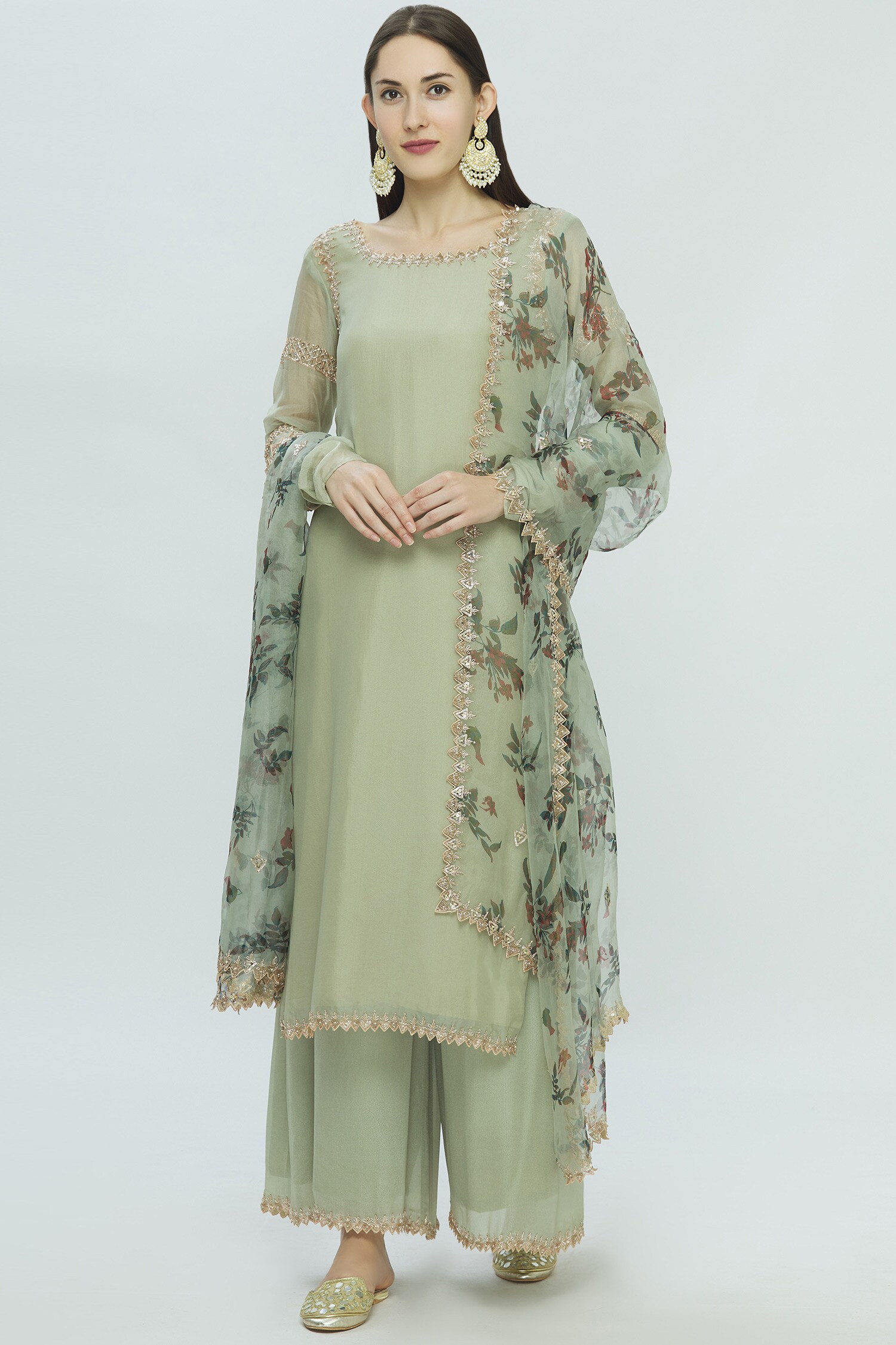 Buy Green Crepe Round Embellished Kurta Set For Women by Pleats by ...