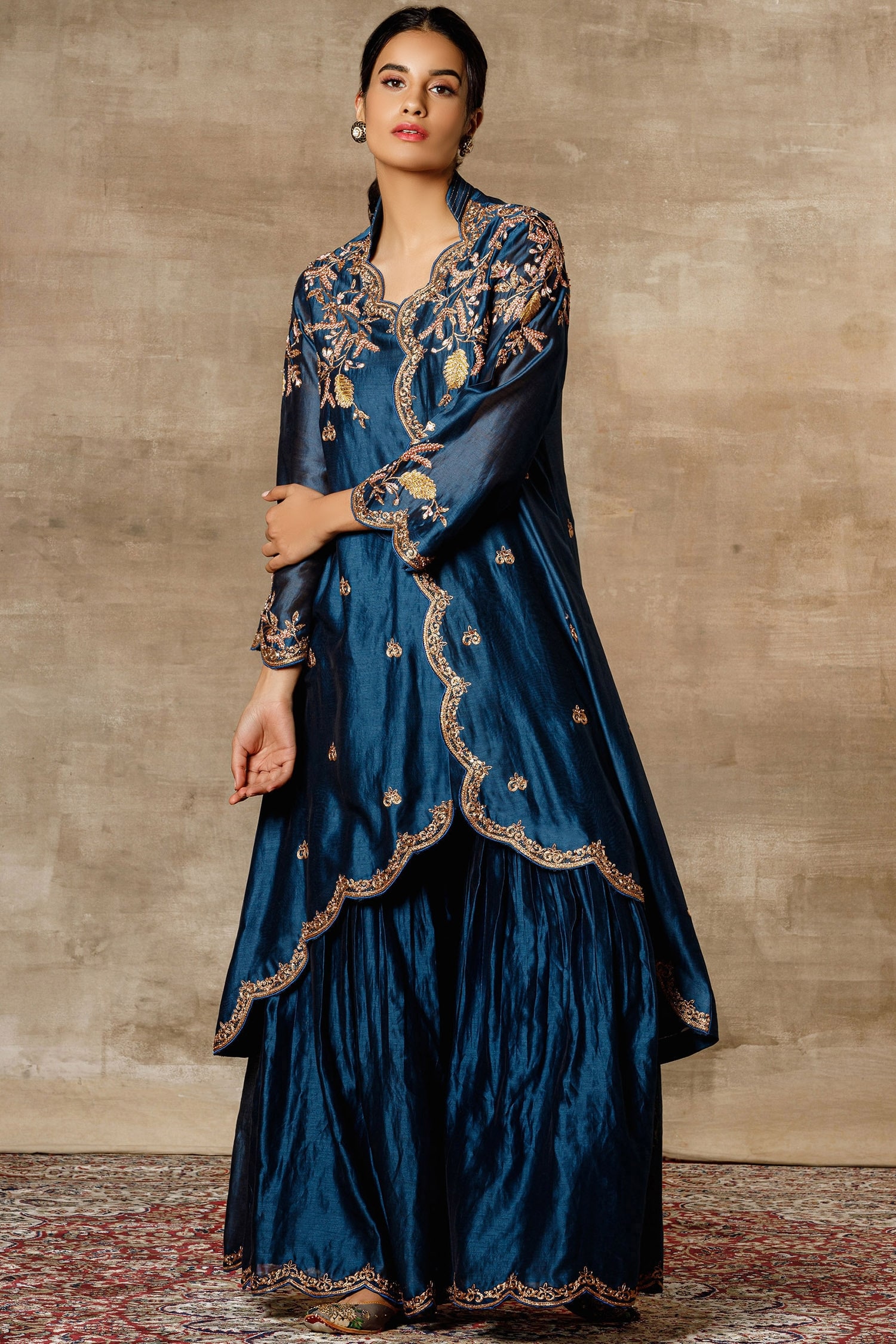 Buy Ajiesh Oberoi Blue Chanderi Jacket Sharara Set Online Aza Fashions