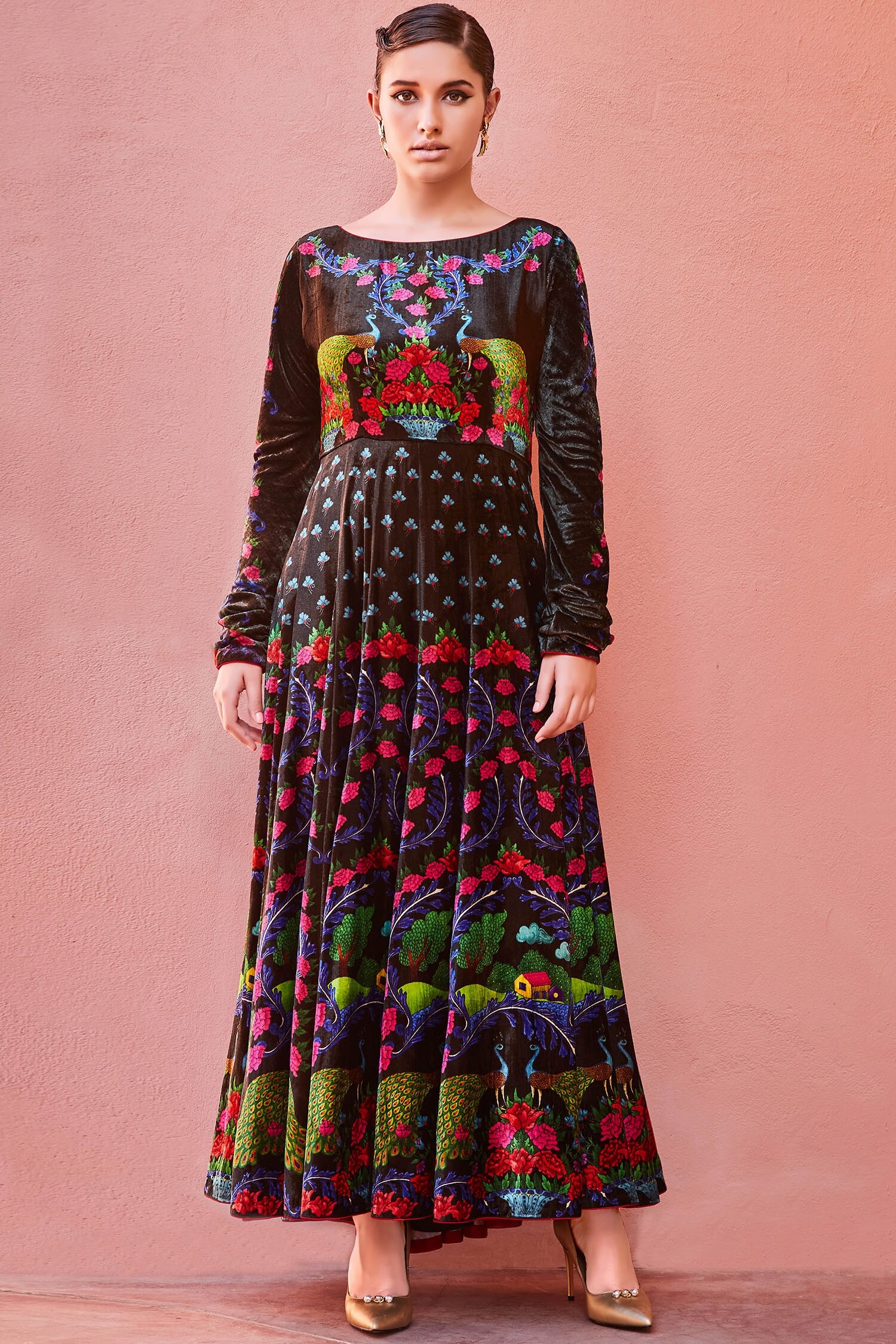 Buy Nautanky Black Silk Velvet Printed Anarkali Online | Aza Fashions