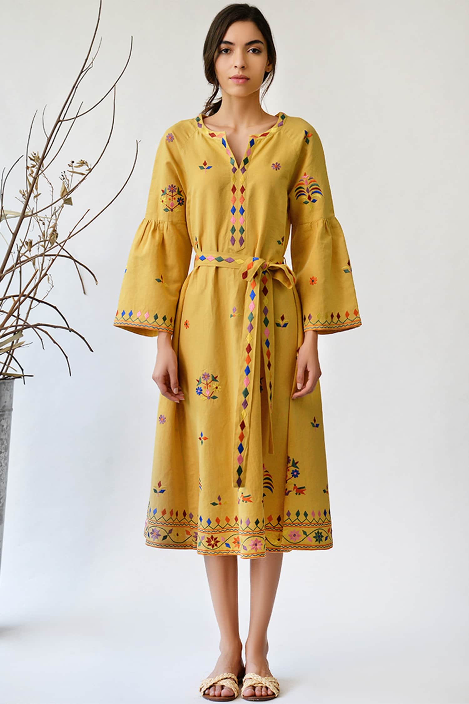 Buy Yellow Cotton Linen Notched Embroidered Dress For Women by Umbar ...