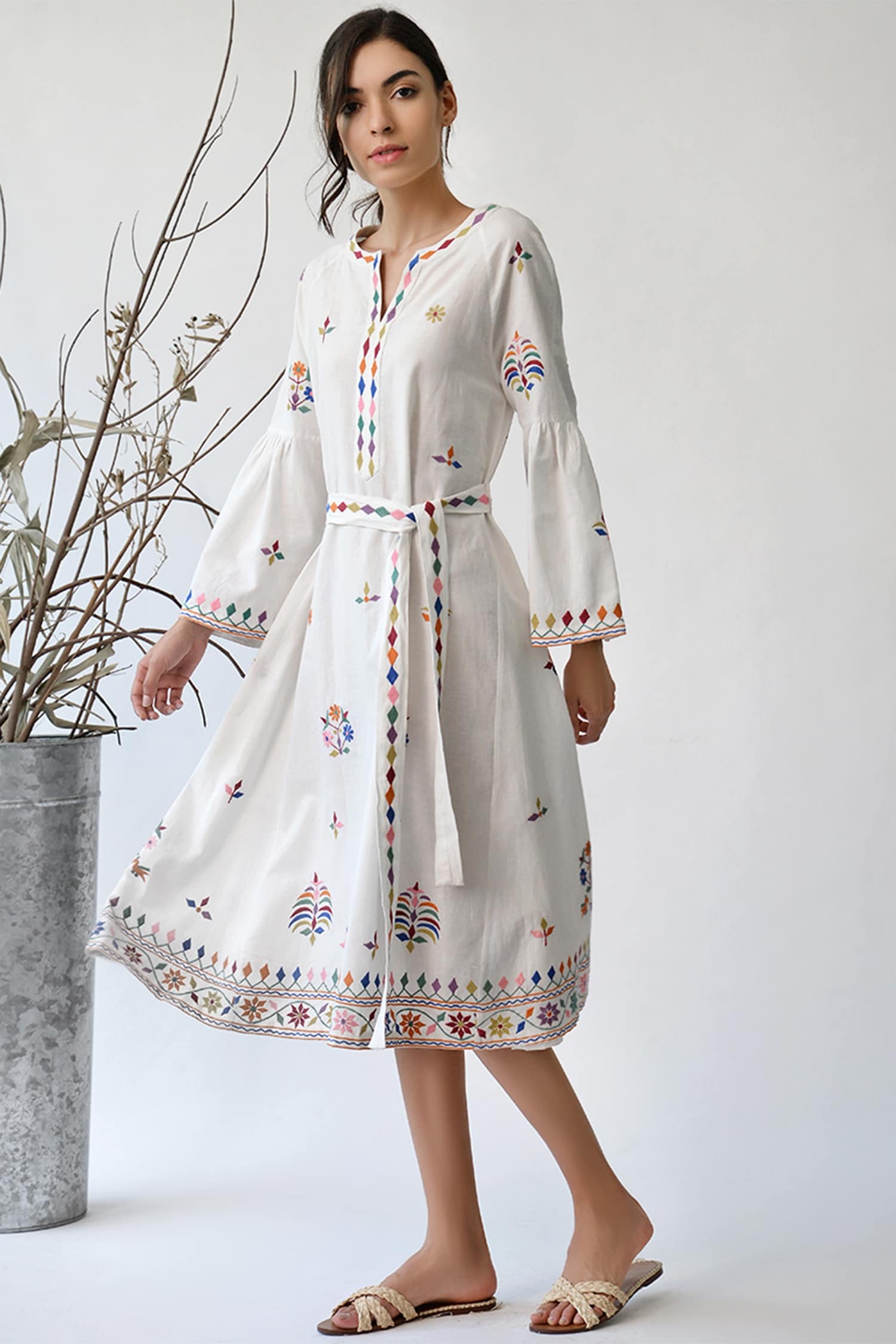 Buy Umbar White Cotton Linen Embroidered Dress Online | Aza Fashions