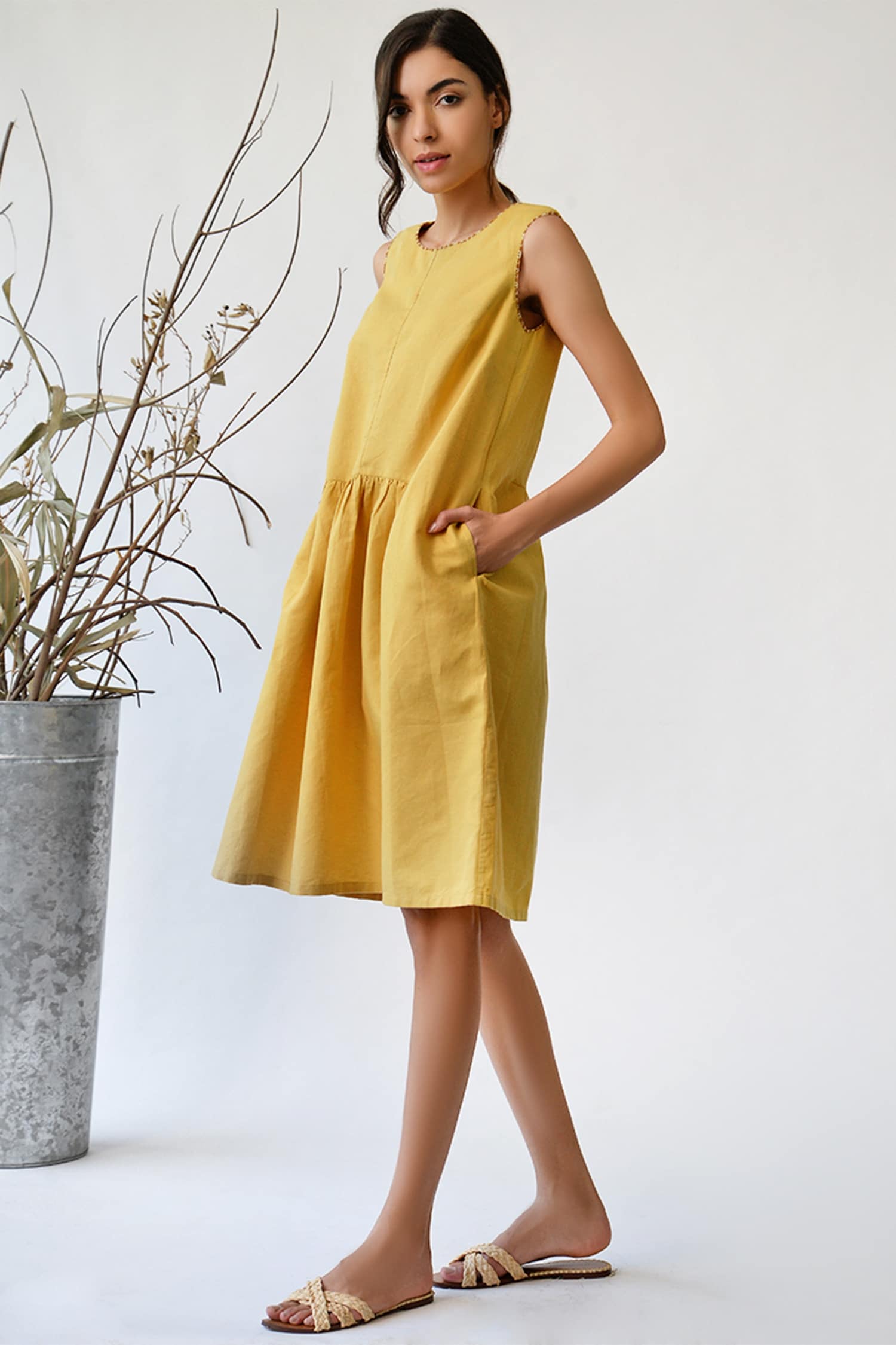 Buy Umbar Yellow Cotton Linen Dress Online | Aza Fashions