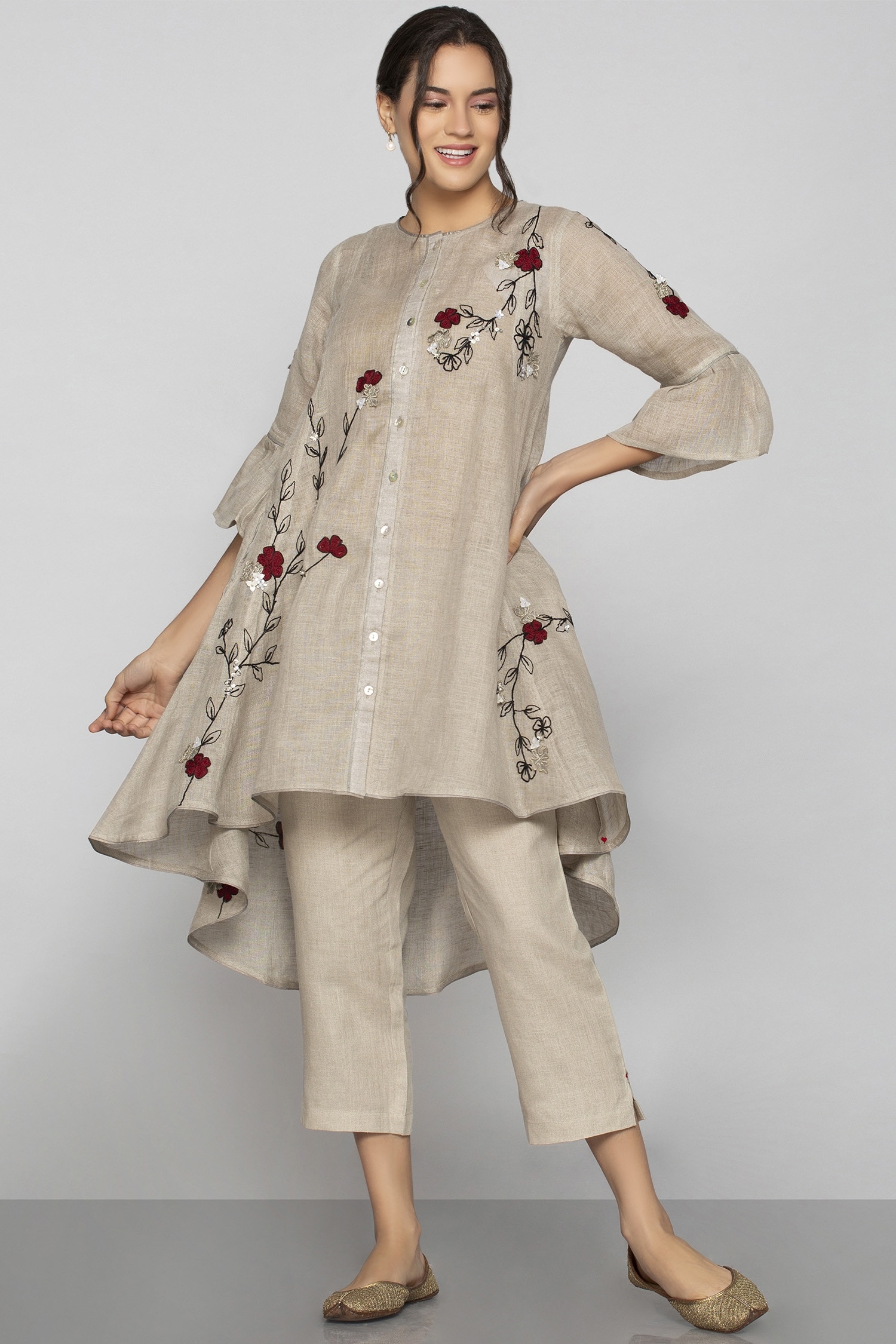Kaveri Beige Linen Embroidered Tunic