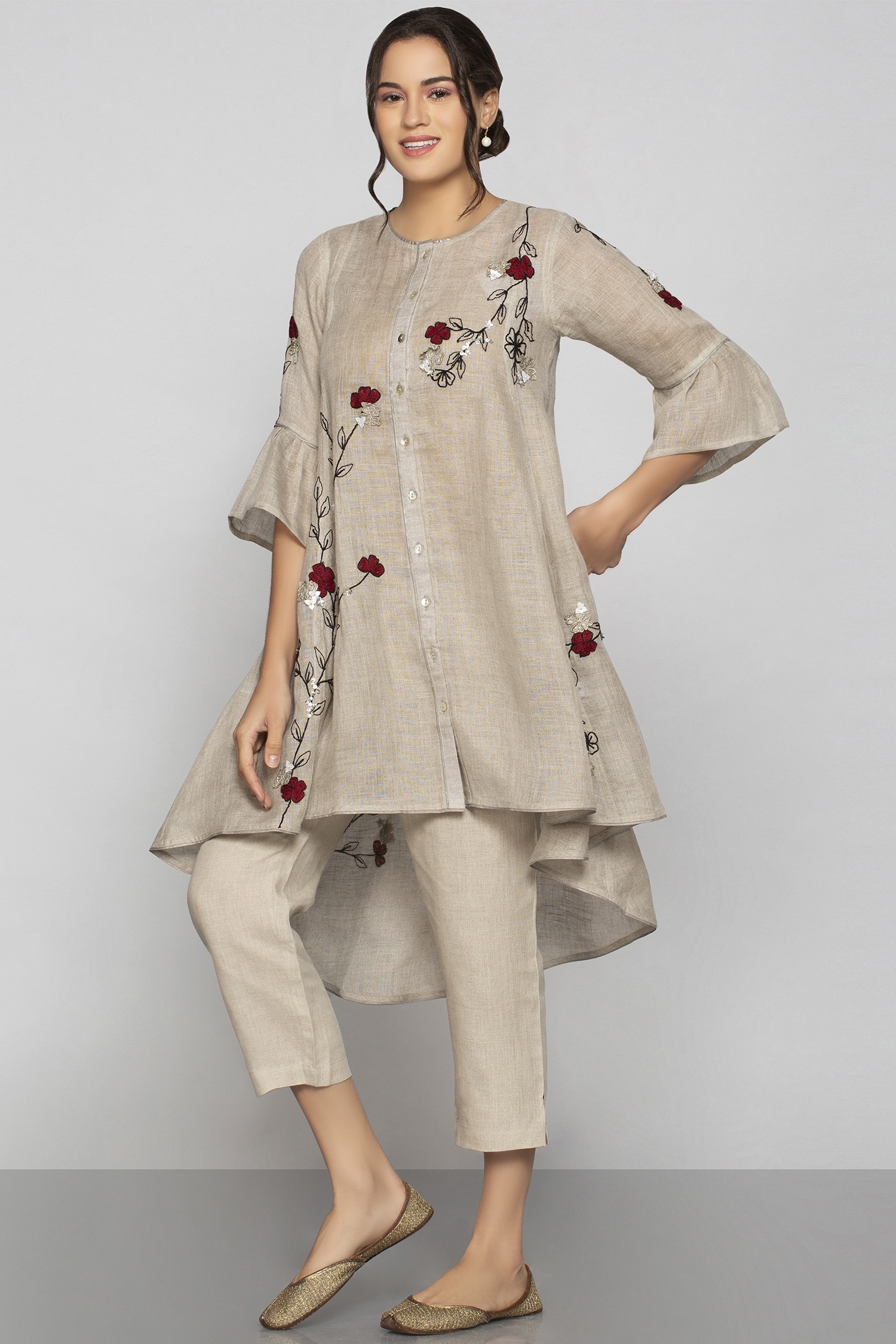 Buy Kaveri Beige Linen Embroidered Tunic Online | Aza Fashions