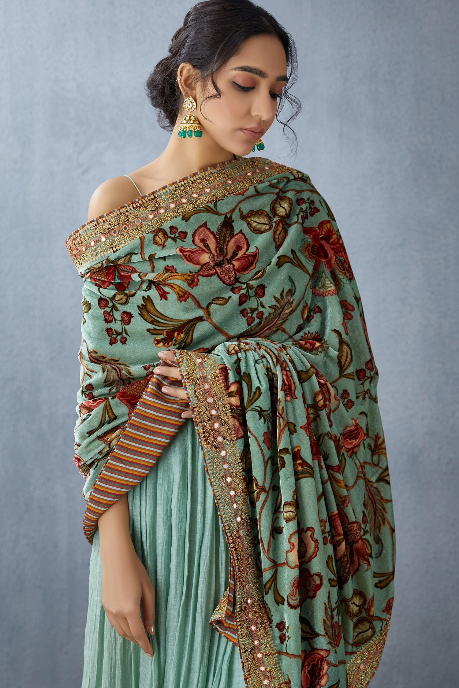 Buy Torani Blue Silk Velvet Dupatta Online | Aza Fashions