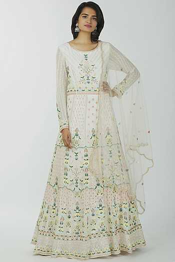 Women Multicolor Rayon Lucknowi embroidered anarkali kurta with pant & dupatta Set