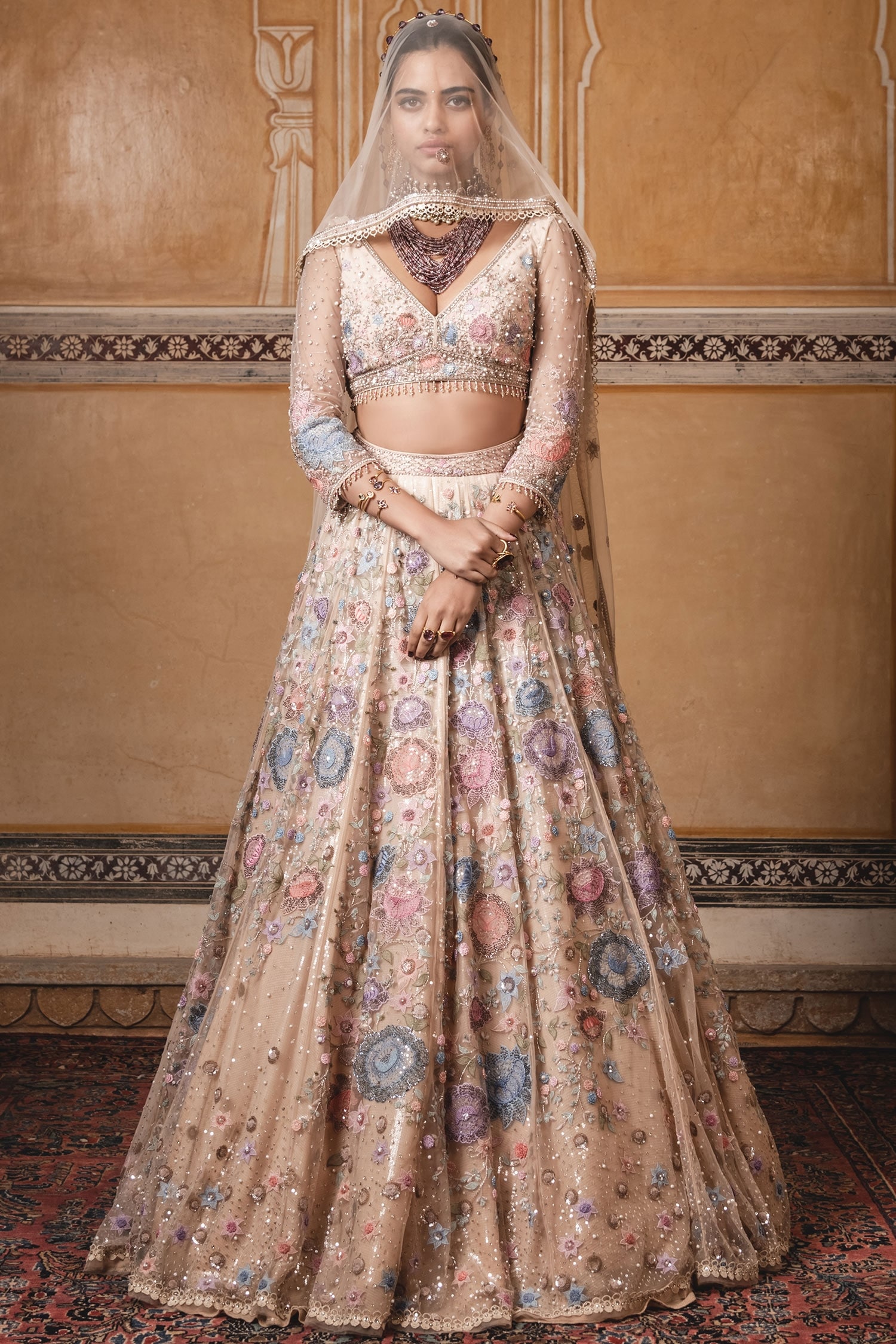 Buy Tarun Tahiliani Peach Tulle Embroidered Lehenga Set Online | Aza ...