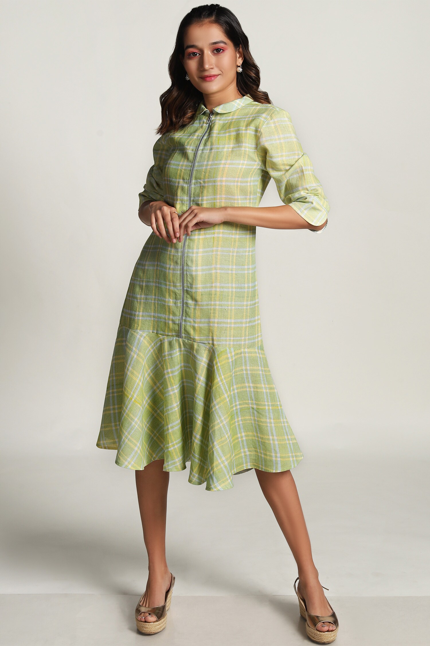 Buy Kaveri Green Linen Midi Dress Online Aza Fashions