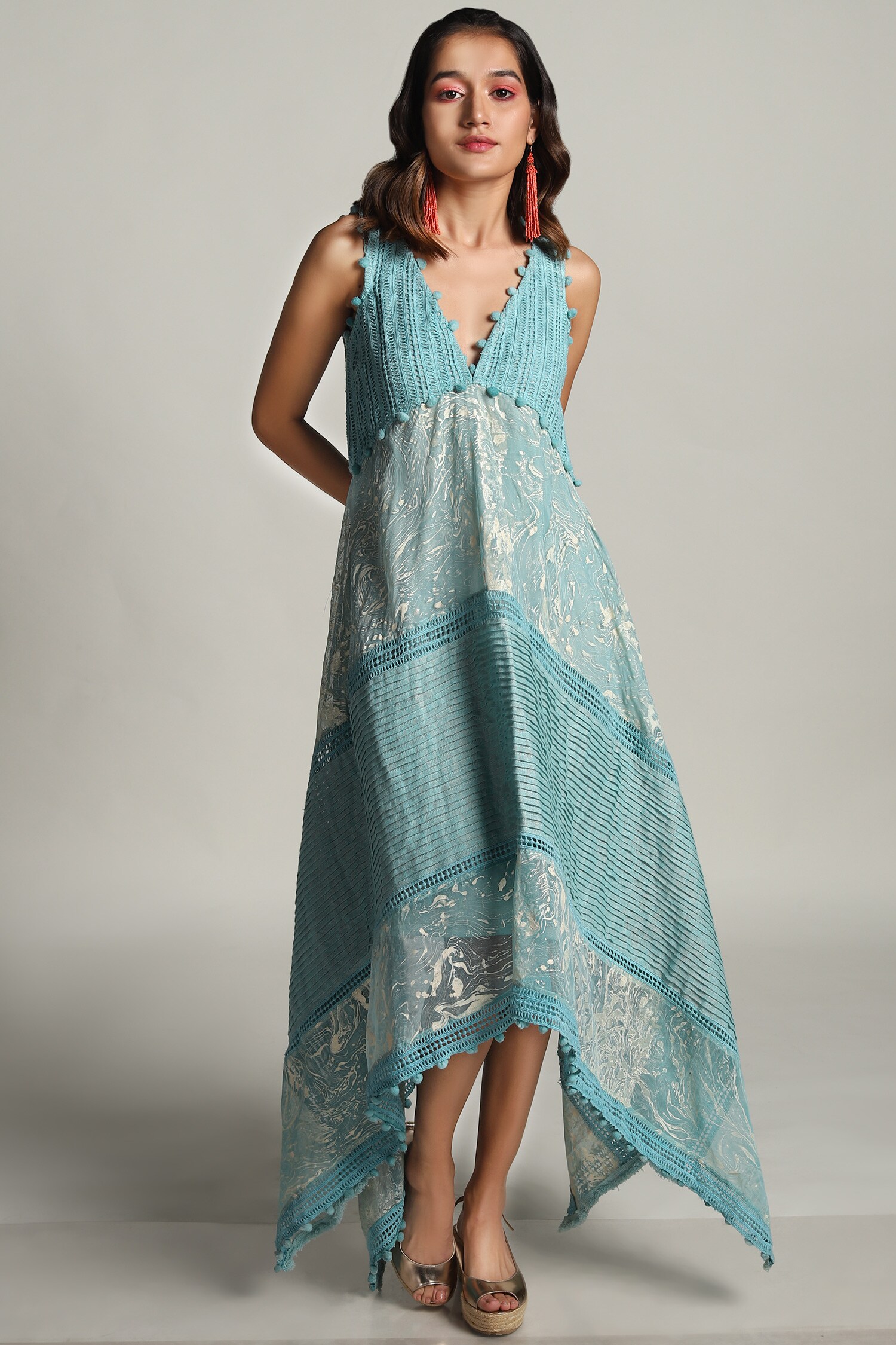 Buy Kaveri Blue Linen Printed Dress Online | Aza Fashions