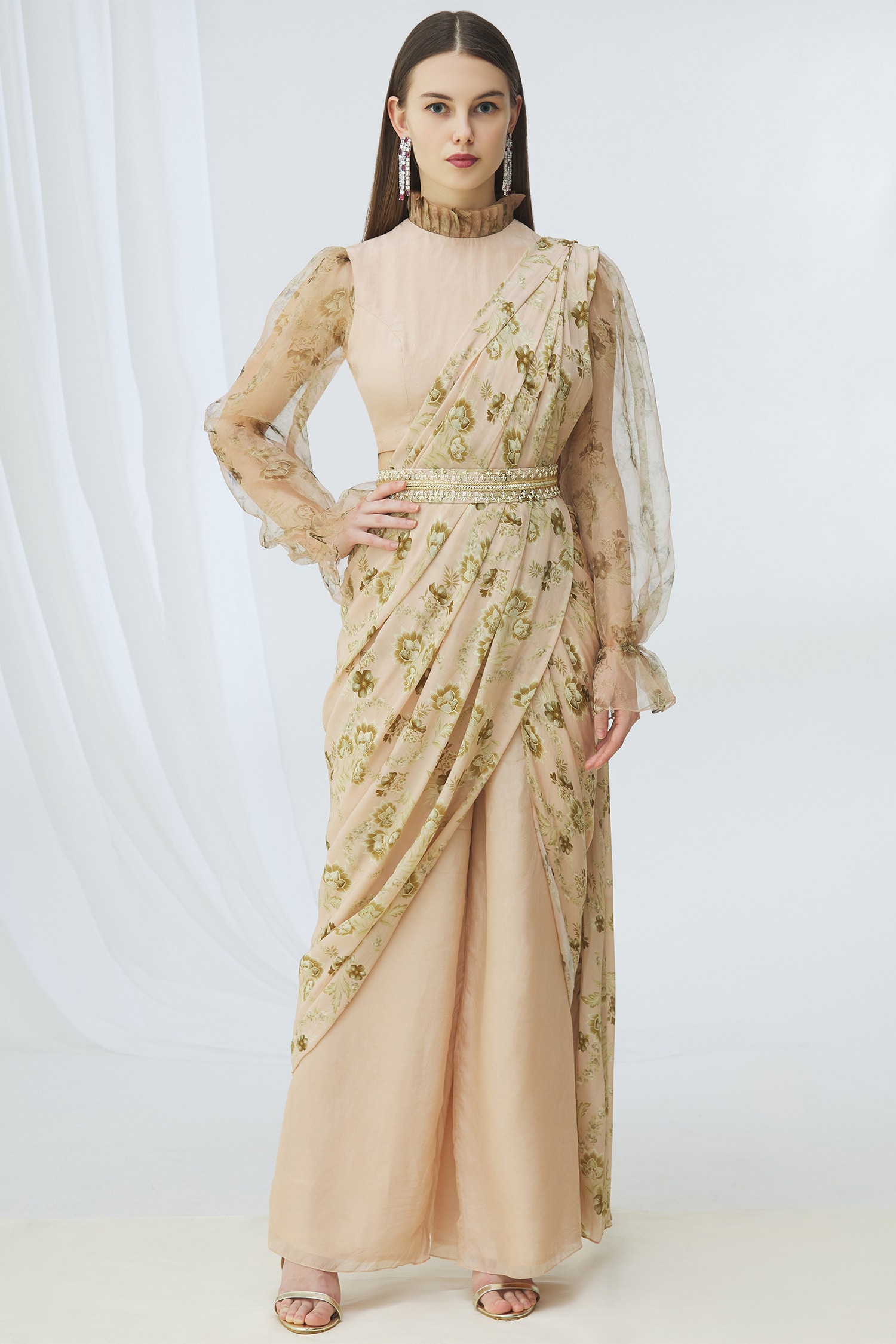 Buy Beige Crepe High Printed Pre-draped Pant Saree For Women by Chhavvi ...