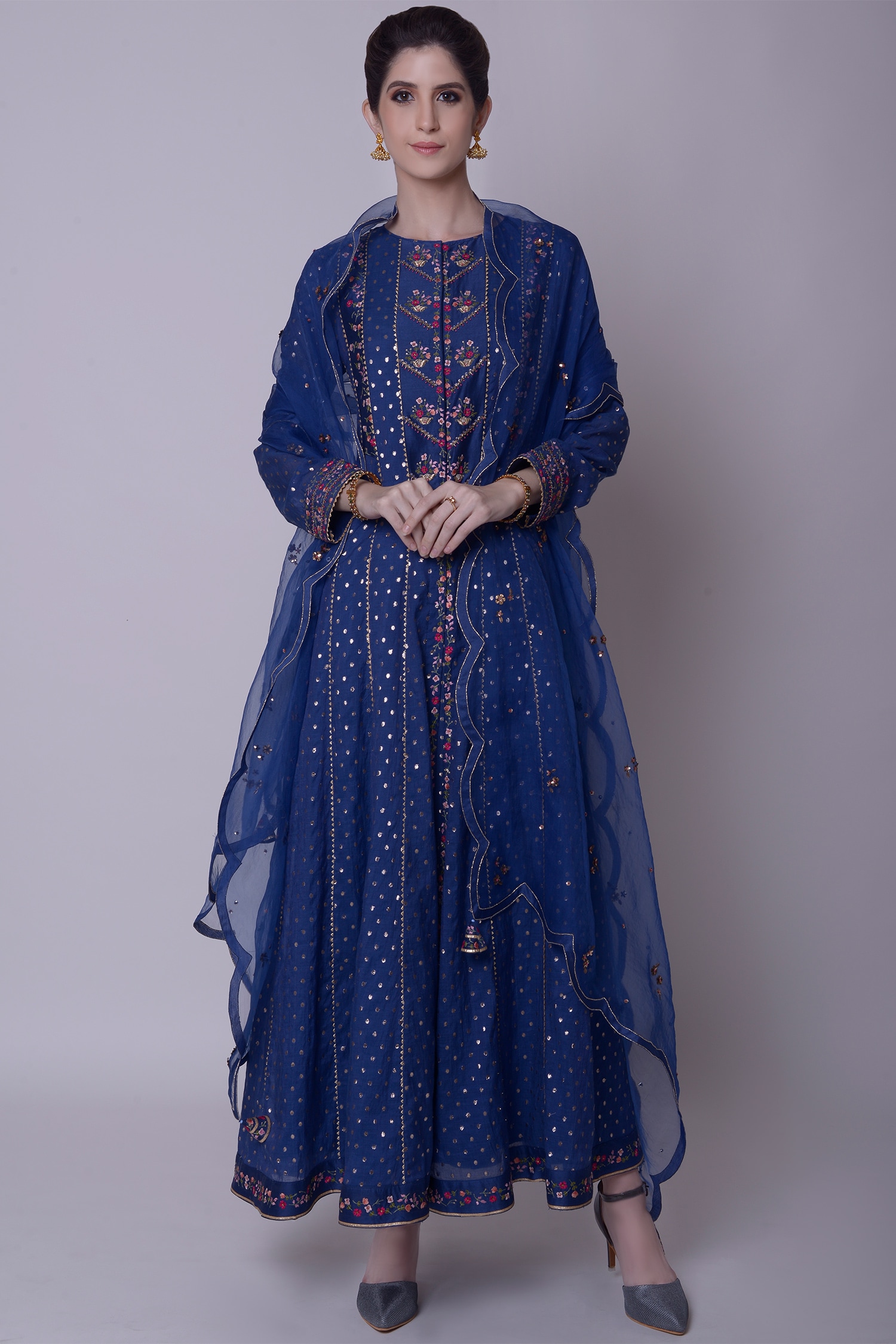 Buy 5x By Ajit Kumar Blue Kurta Silk Organza Anarkali Set Online Aza