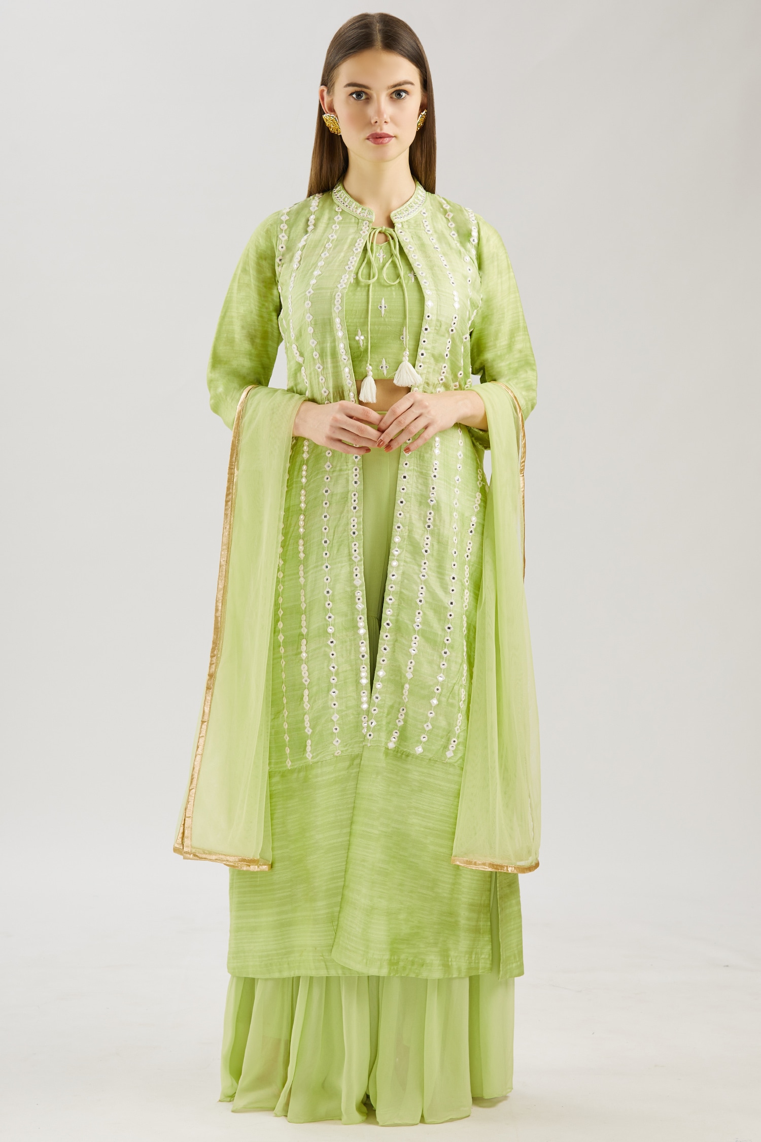 Buy Naintara Bajaj Green Kurta Embroidered Jacket Sharara Set Online