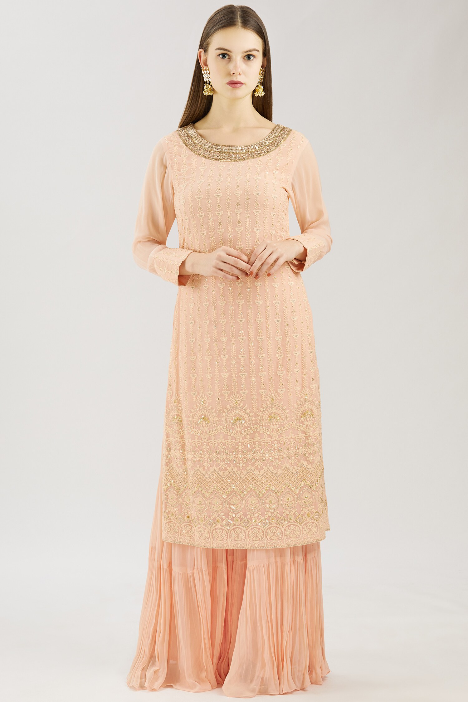 Buy Naintara Bajaj Beige Lucknowi Kurta Sharara Set Online | Aza Fashions