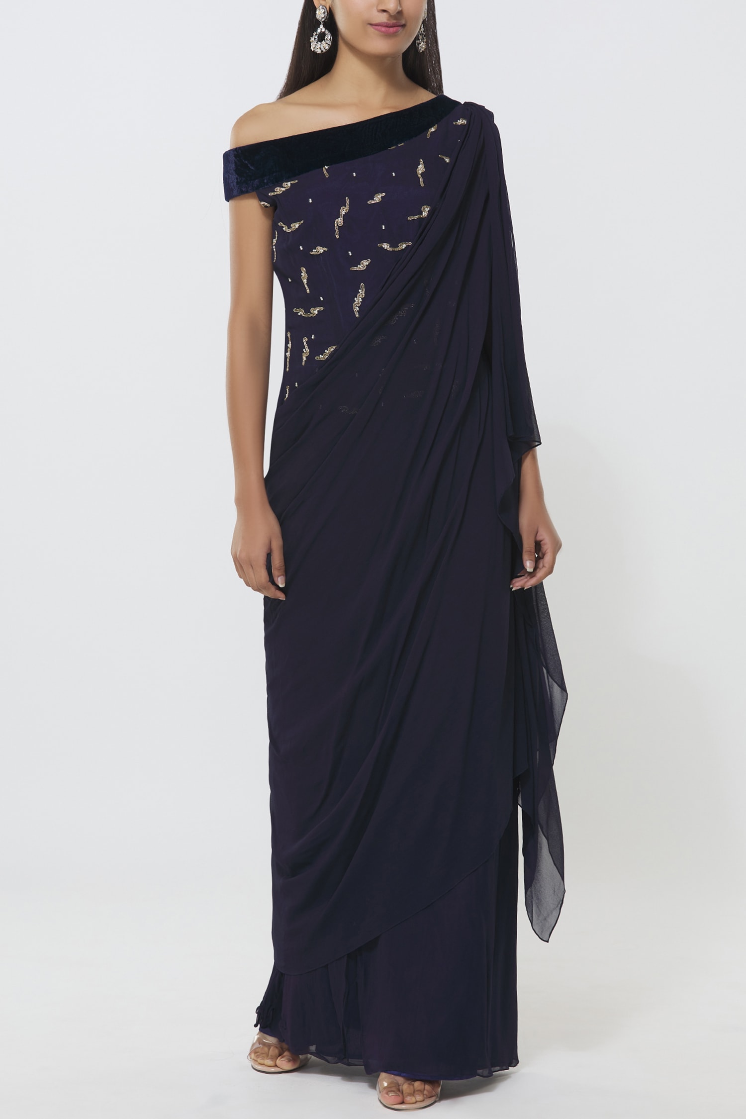 Buy Arihant Rai Sinha Blue Georgette Velvet Pre-draped Saree Online ...