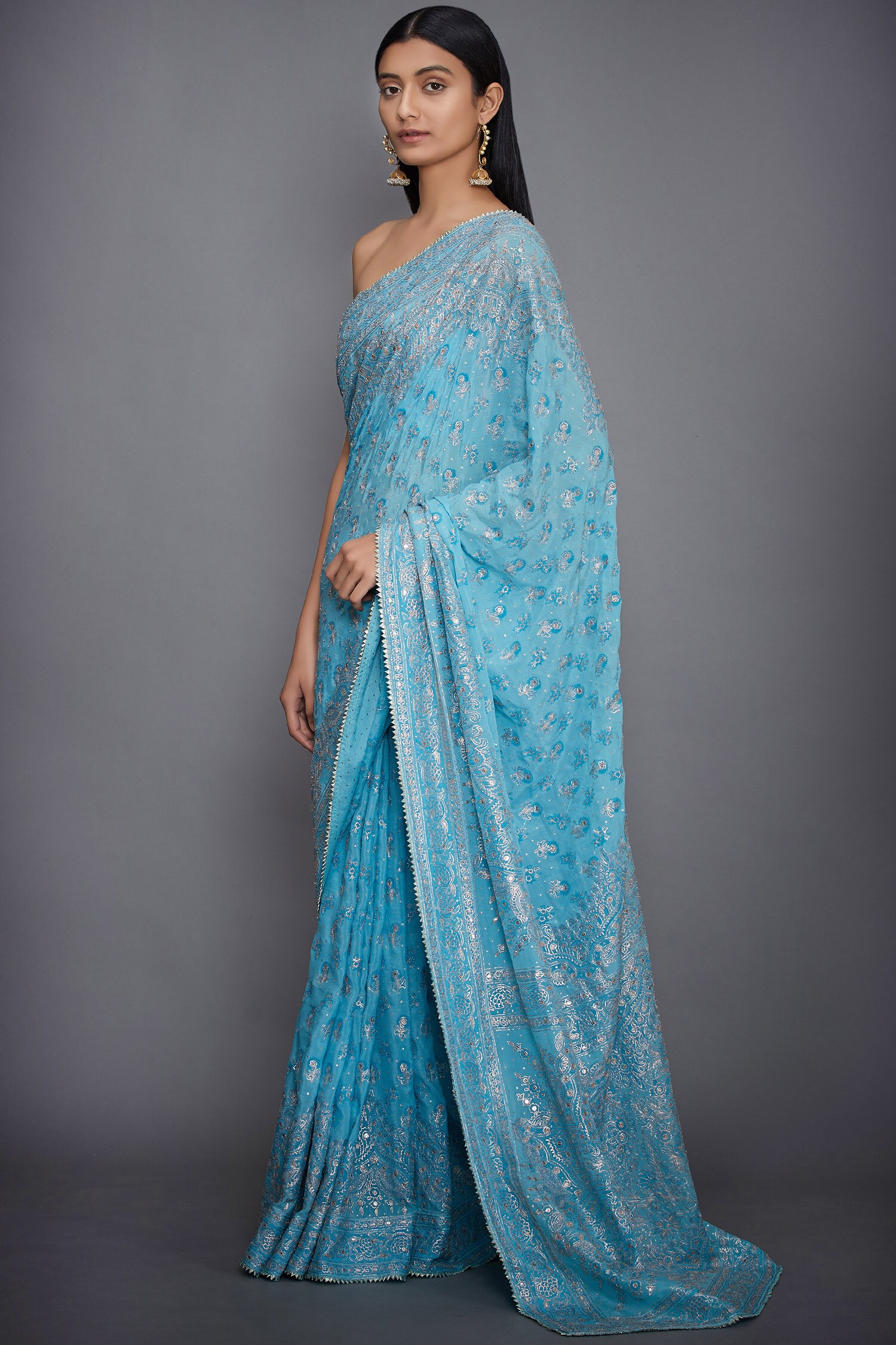 Buy Riritu Kumar Blue Silk Chinon Embroidered Saree With Unstitched Blouse Fabric Online Aza 3702