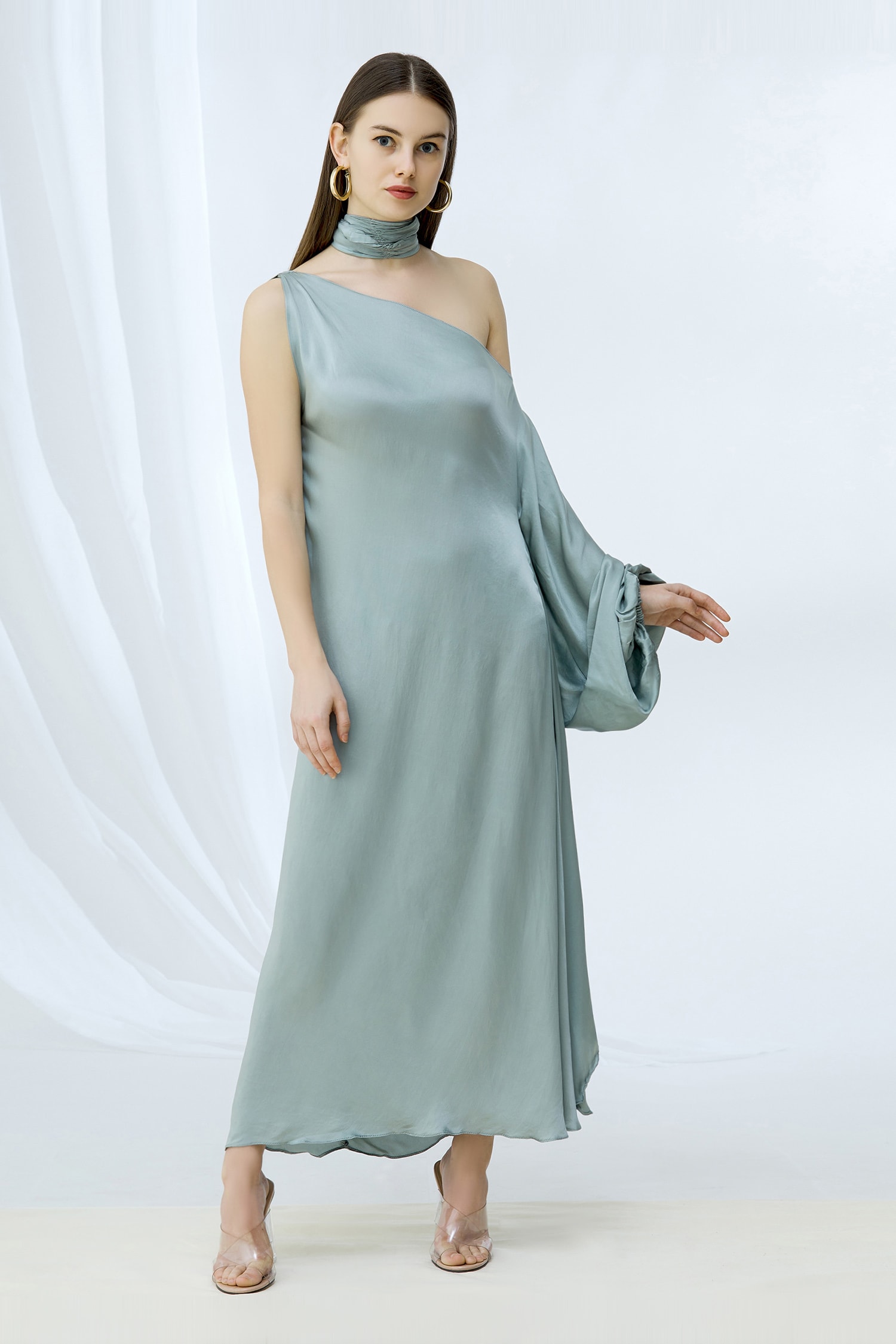 Buy Deme by Gabriella Blue Satin Draped Gown Online | Aza Fashions