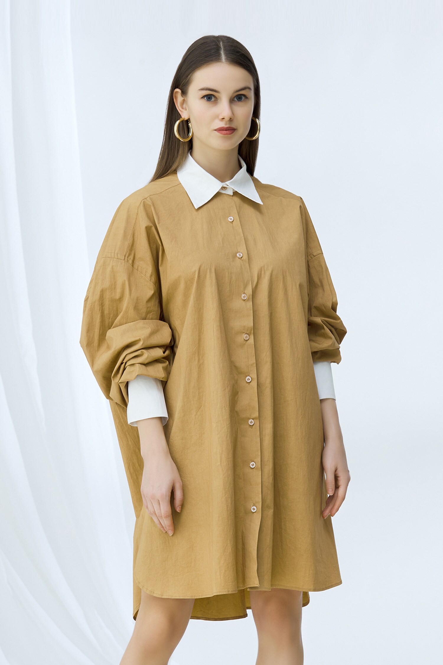 Buy Beige Cotton Inner Shirt: Stand Collar Dress For Women by Deme by ...