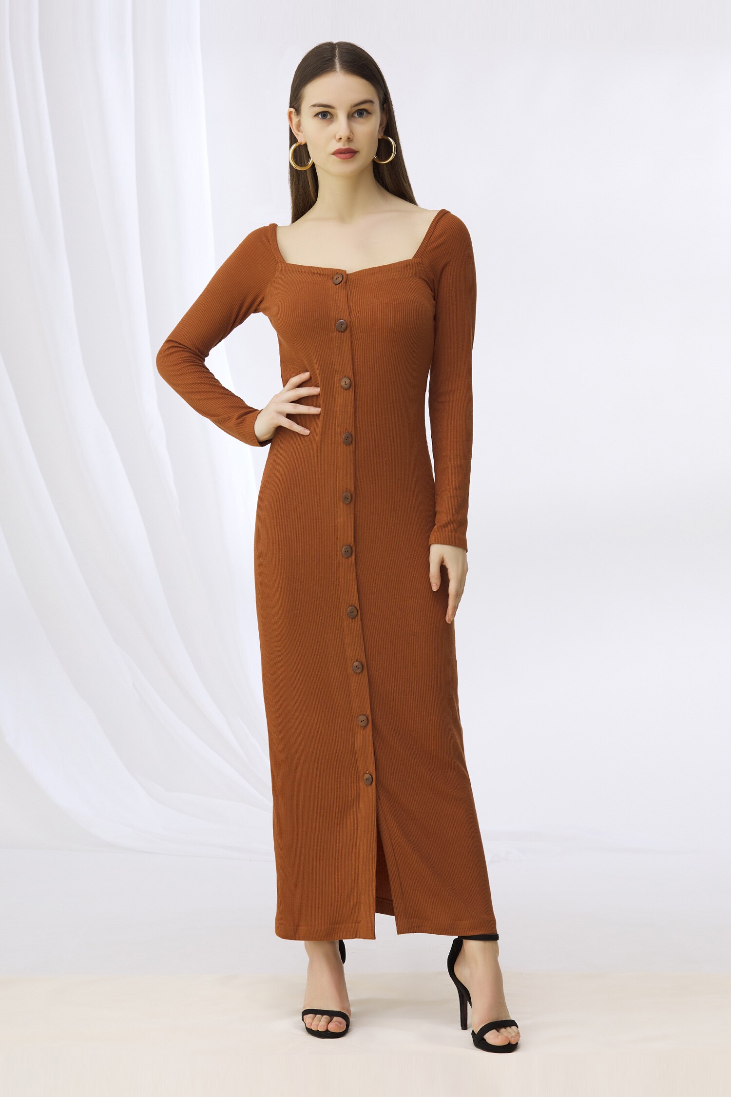 Buy Deme by Gabriella Brown Ribbed Knit Button Down Gown Online Aza
