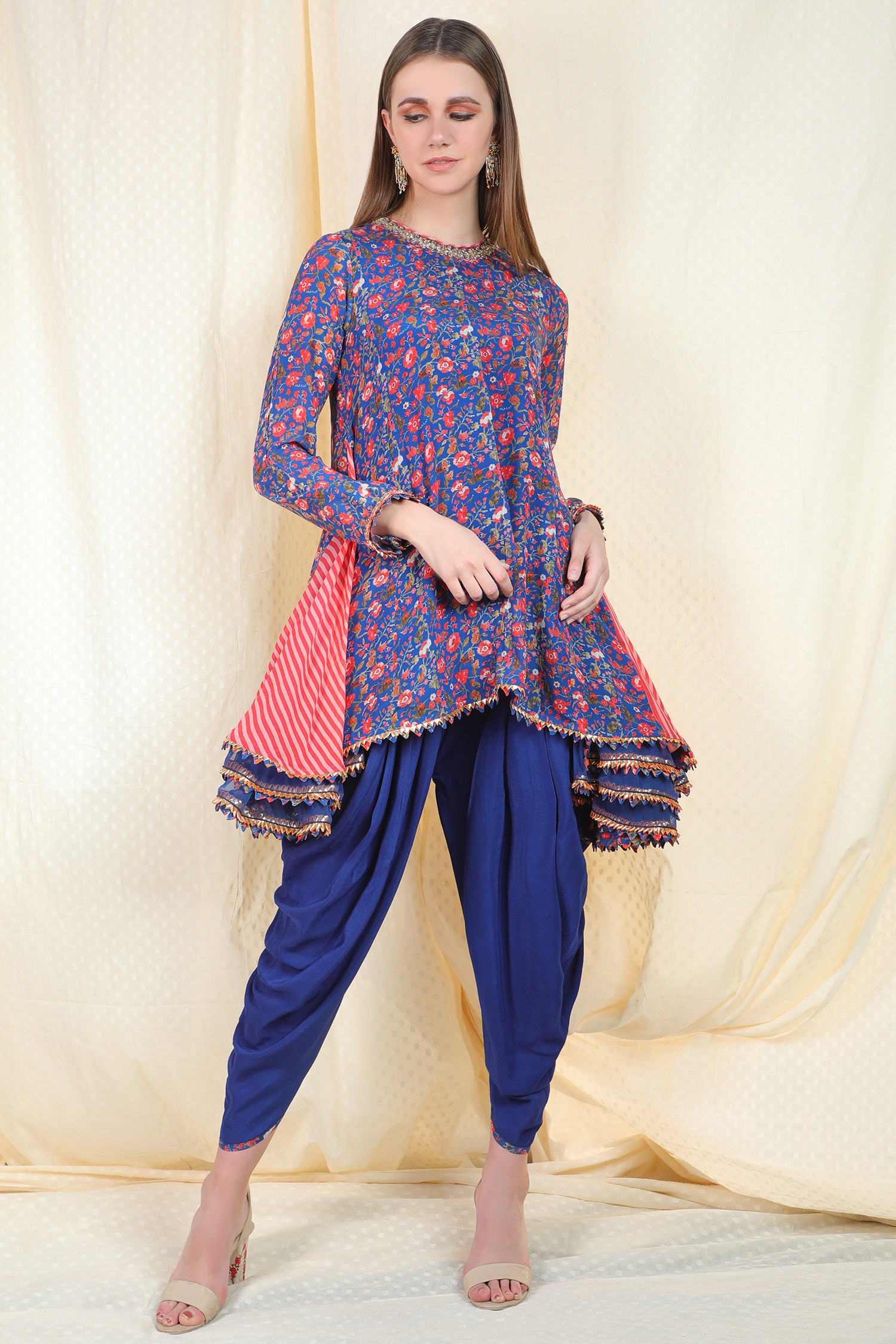 Pink chiffon kurti with blue dhoti pants - set of two by Suramya | The  Secret Label